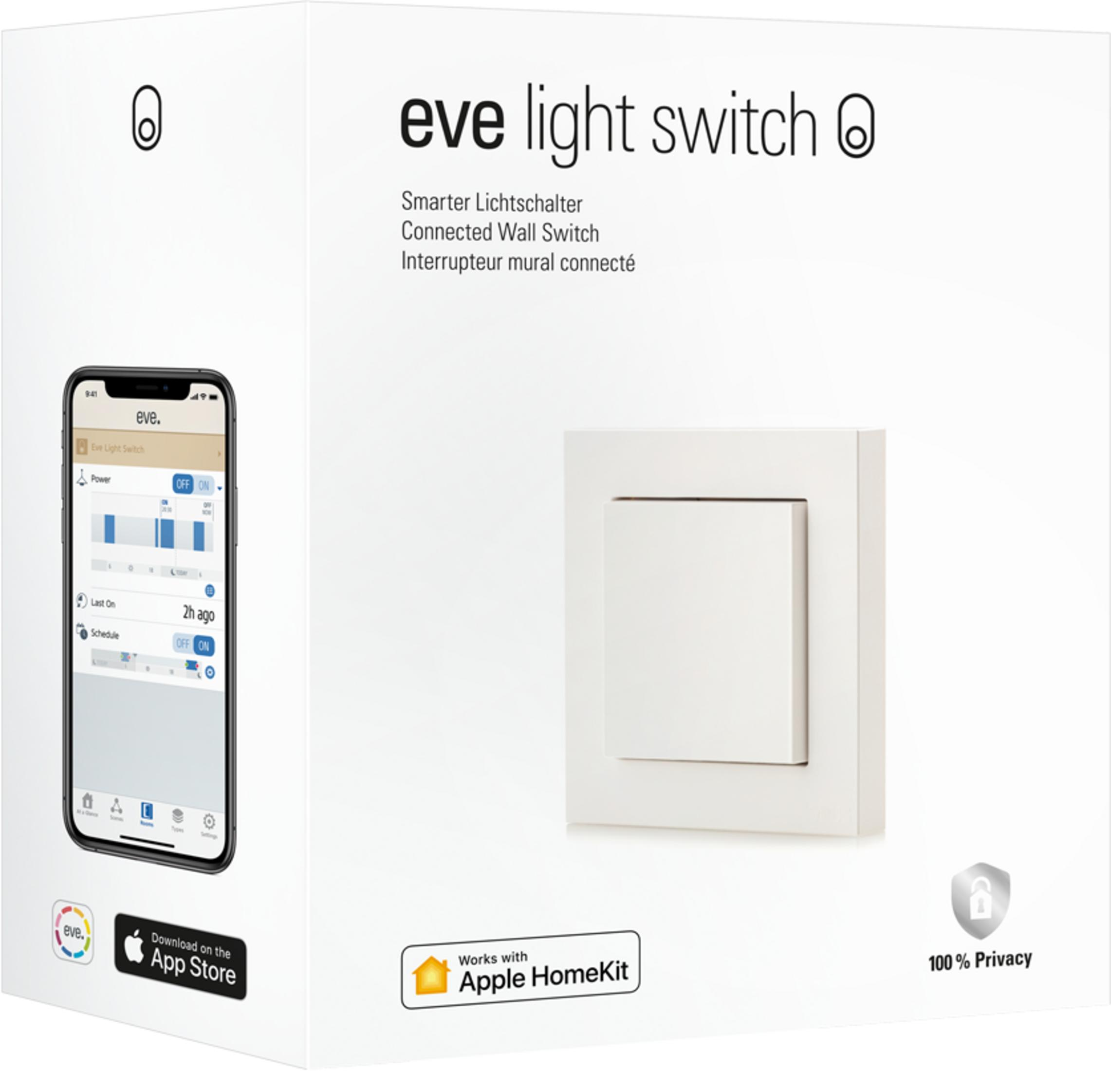 Scatola con interruttore luce bianco e smartphone che mostra l'app Eve.