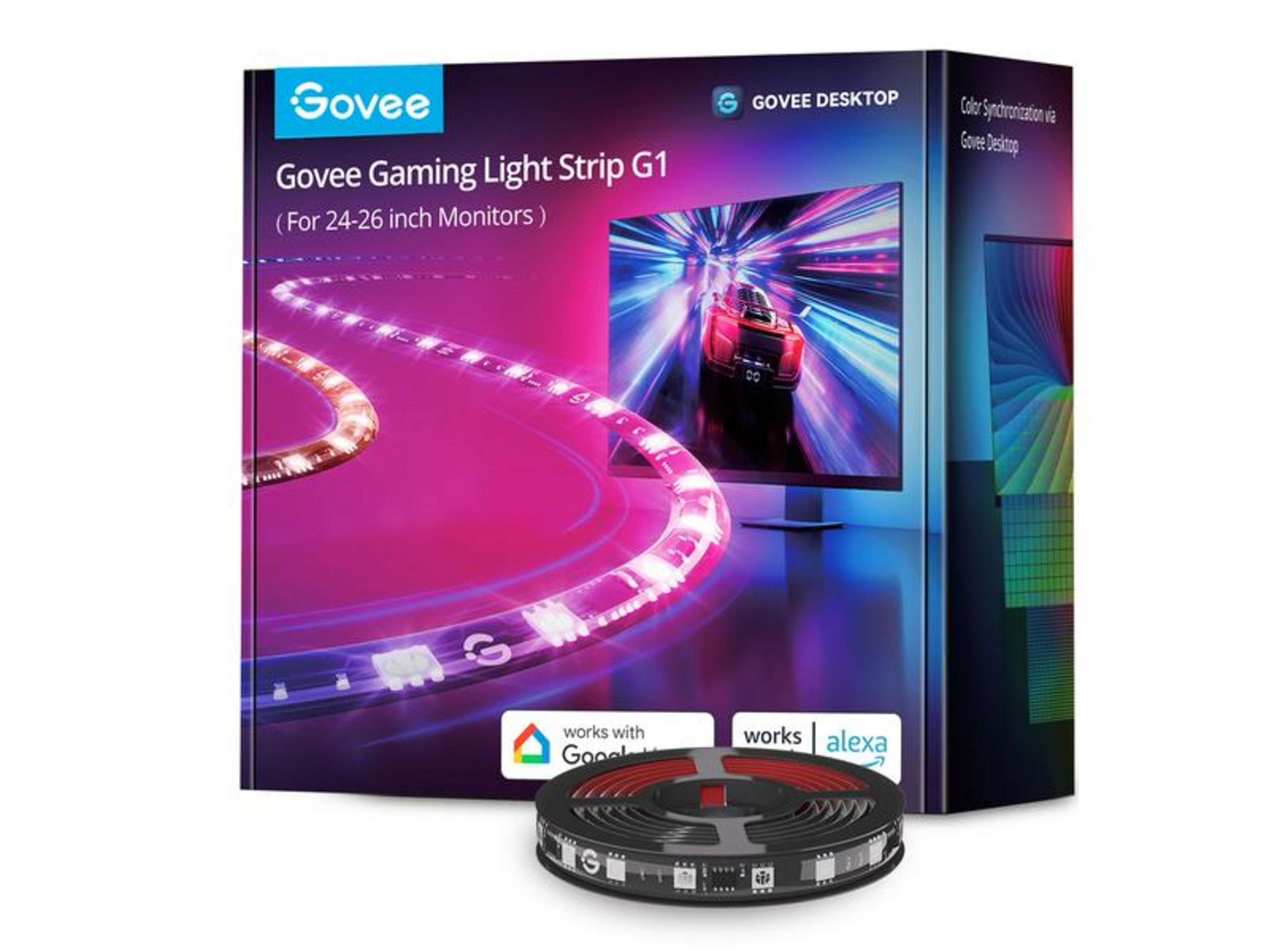 Scatola Govee Gaming Light Strip G1 con monitor e striscia luminosa.