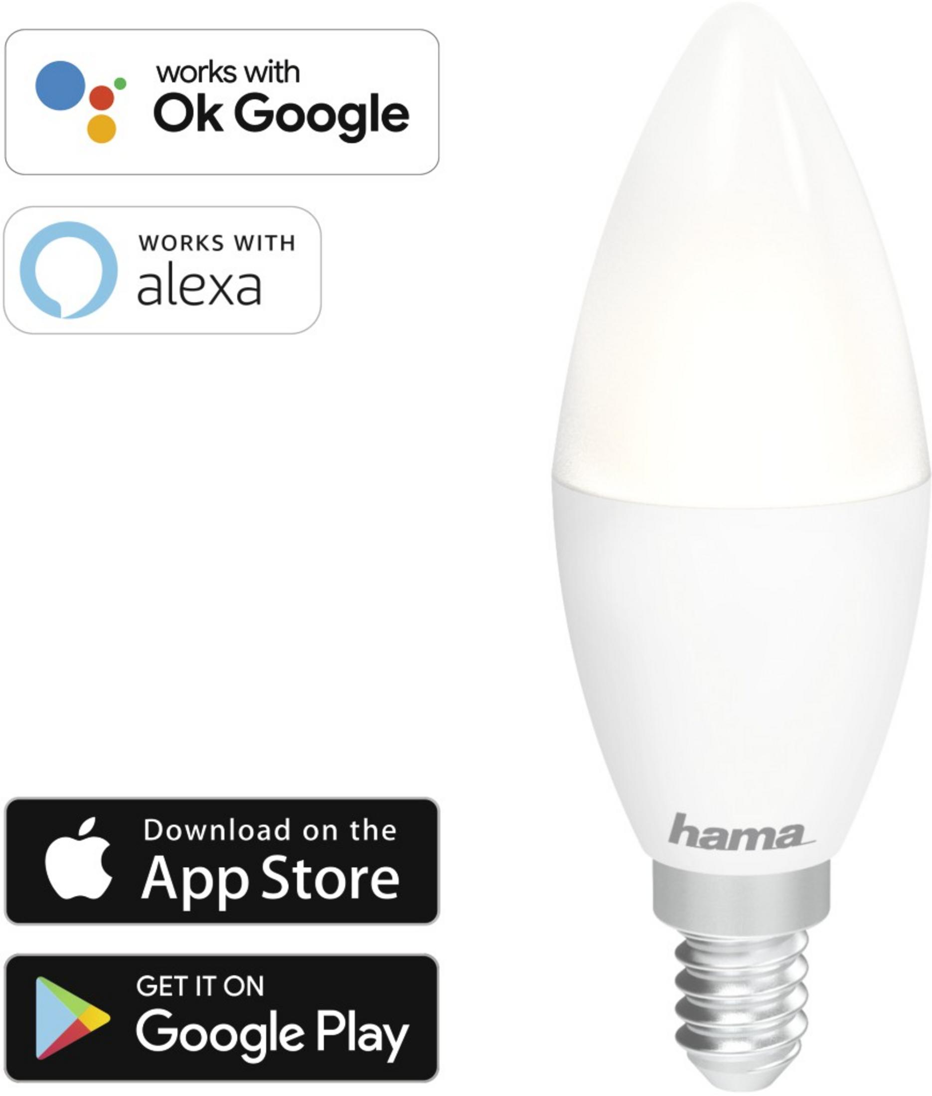 Biała żarówka Hama z gwintem E14, kompatybilna z Google i Alexa.