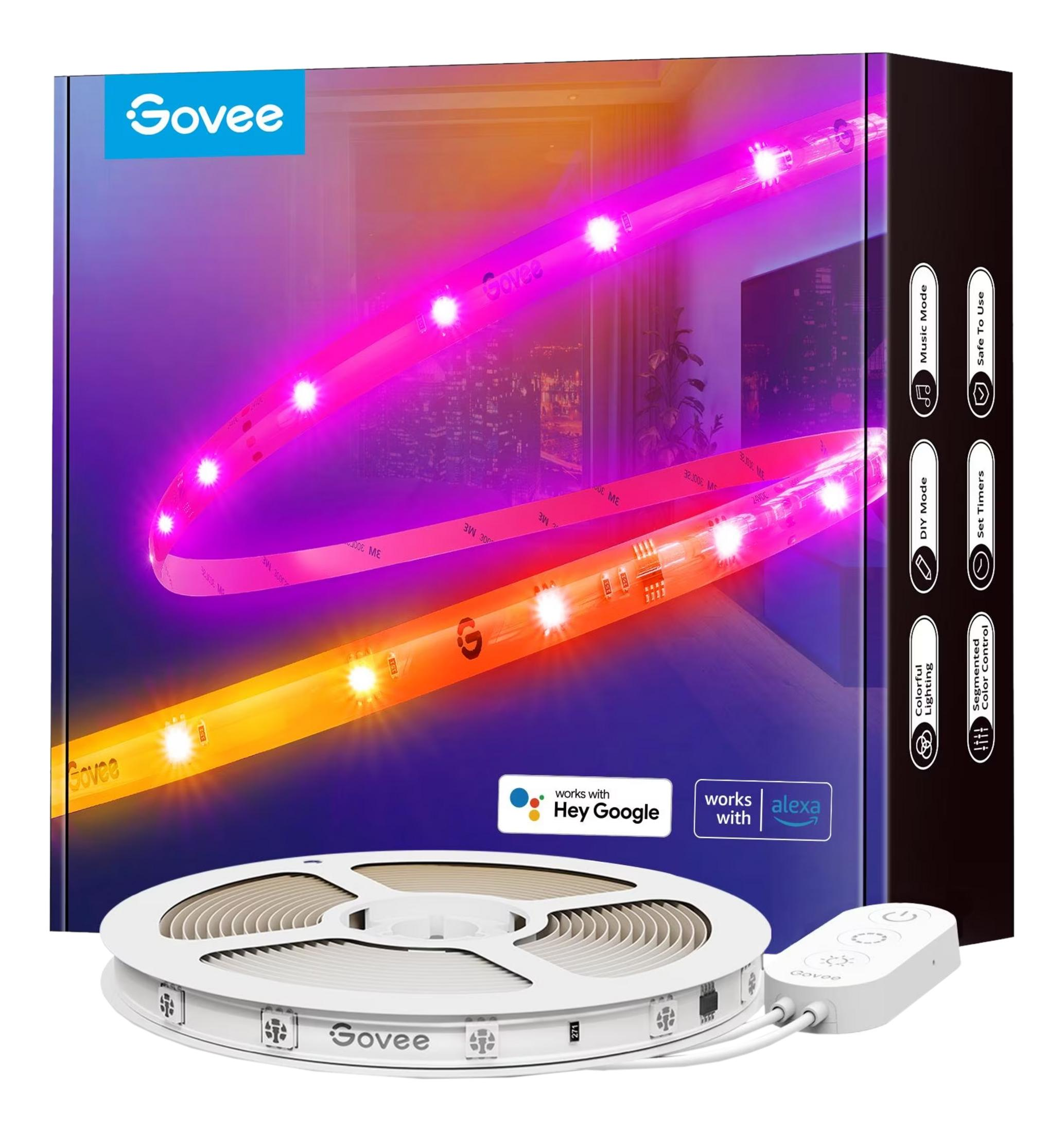 Striscia LED Govee su rocchetto, con telecomando e confezione.