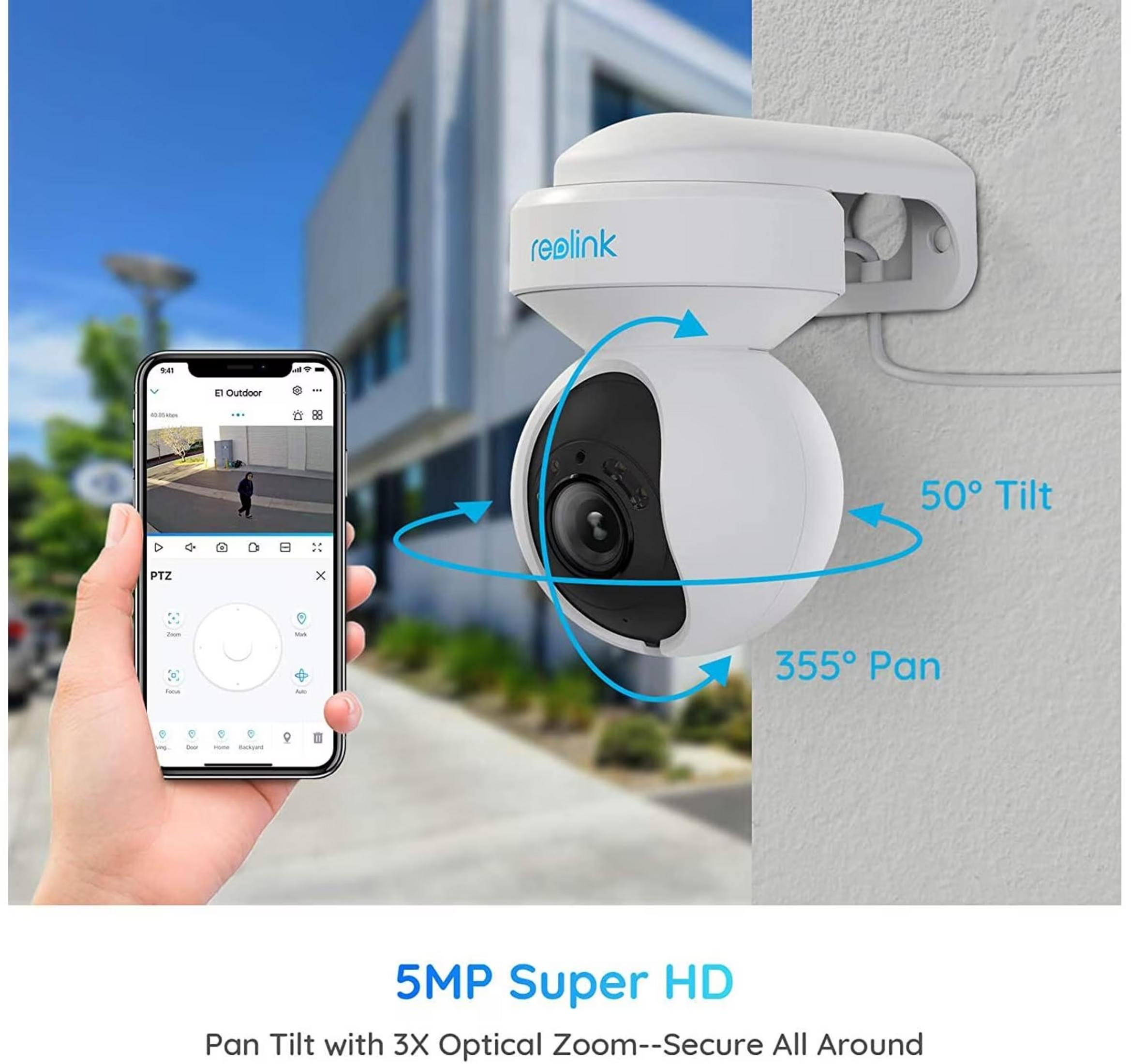 Reolink Überwachungskamera mit PTZ-Steuerung auf einem Smartphone-Display. 5MP Super HD.