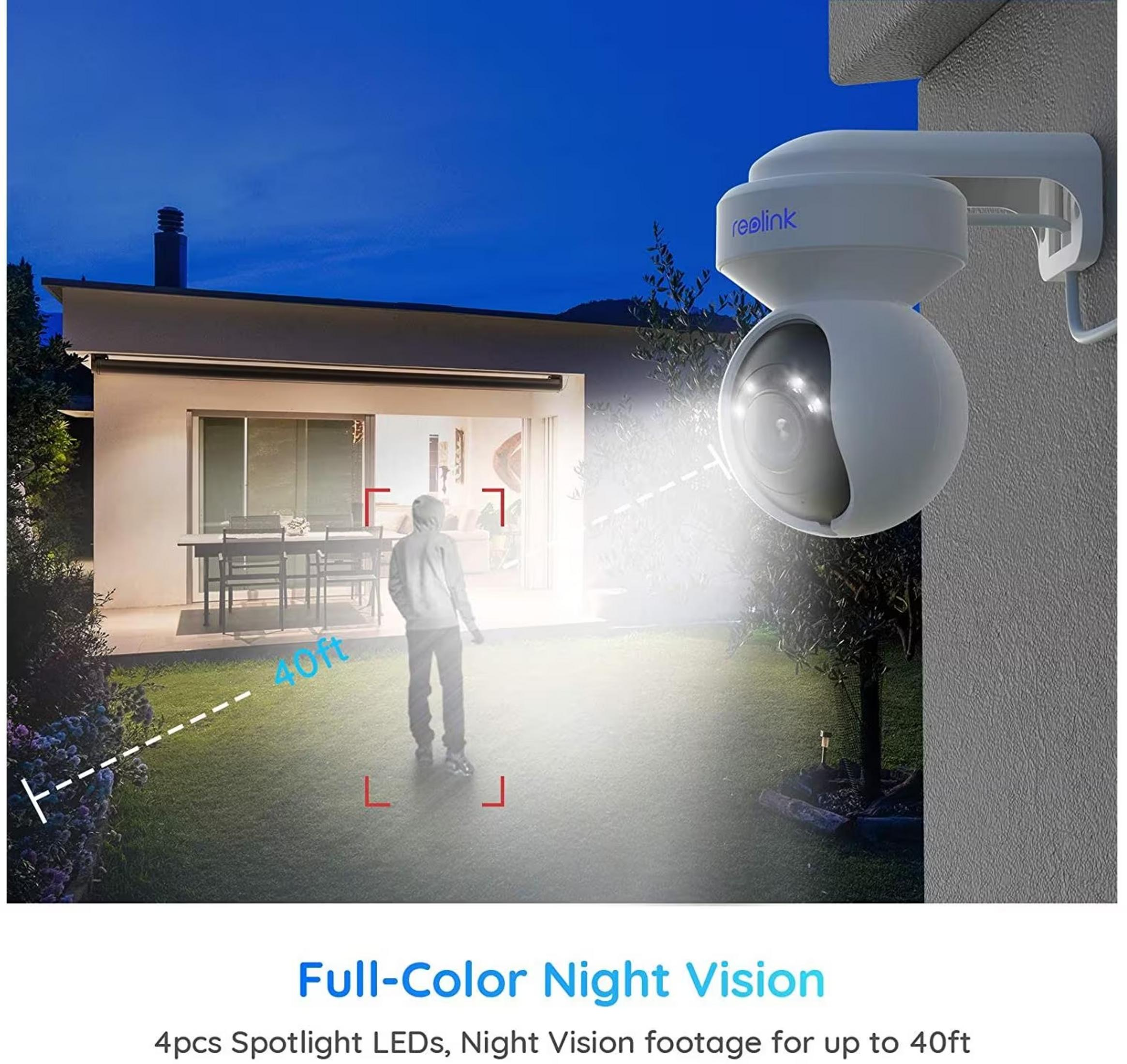 Überwachungskamera mit Flutlicht beleuchtet nachts einen Mann und ein Haus.