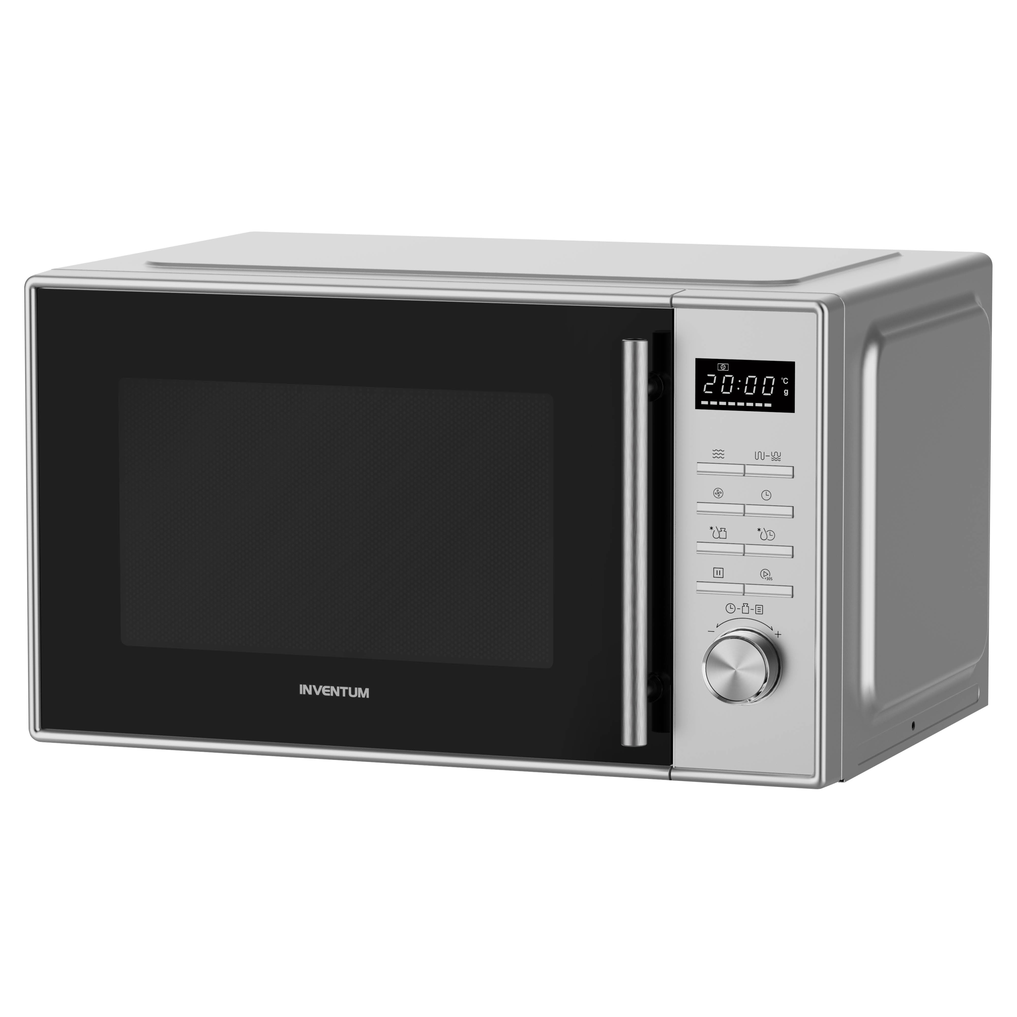 Een zilveren Inventum magnetron met zwarte deur en digitaal display.