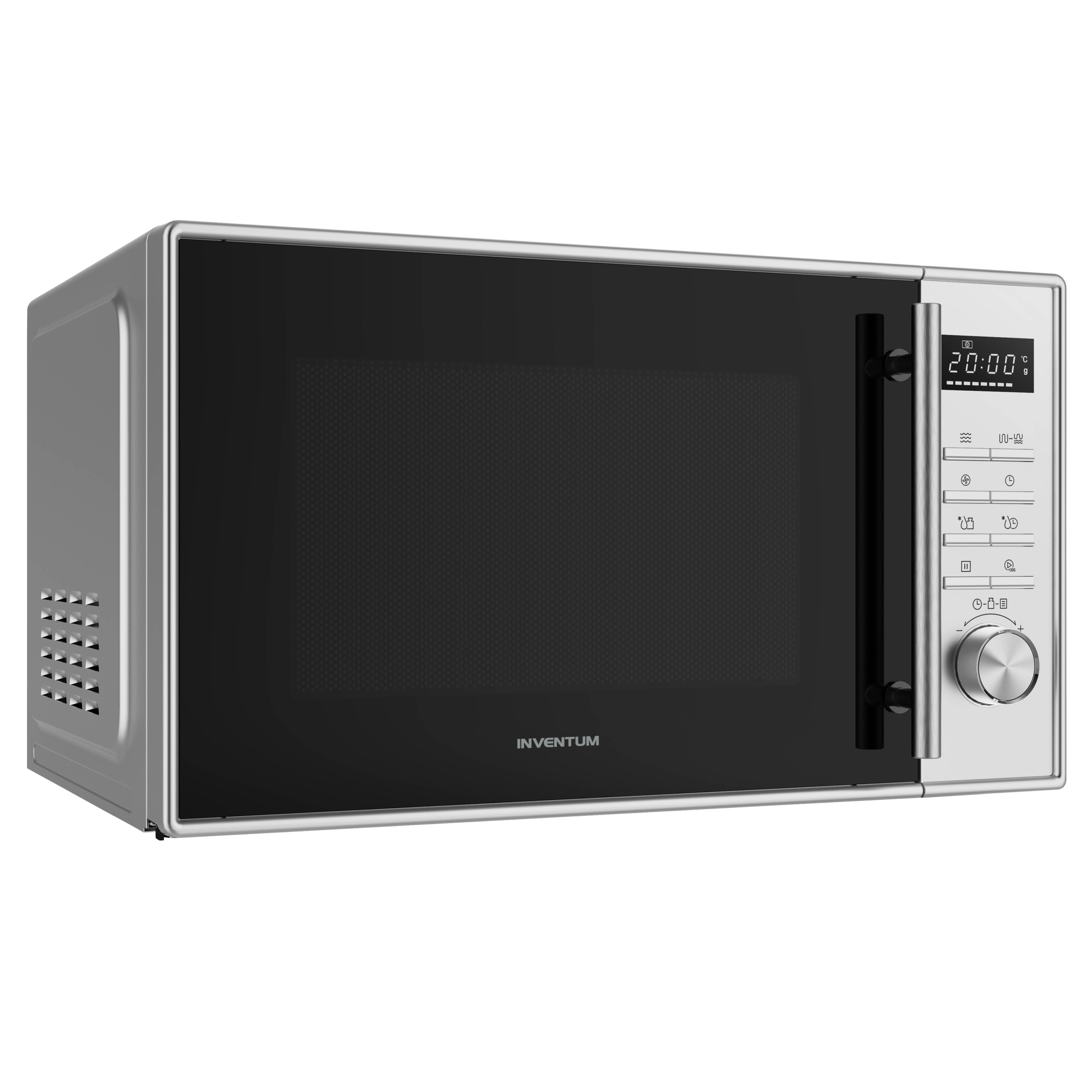 Een zilveren Inventum magnetron met zwarte deur en bedieningspaneel.