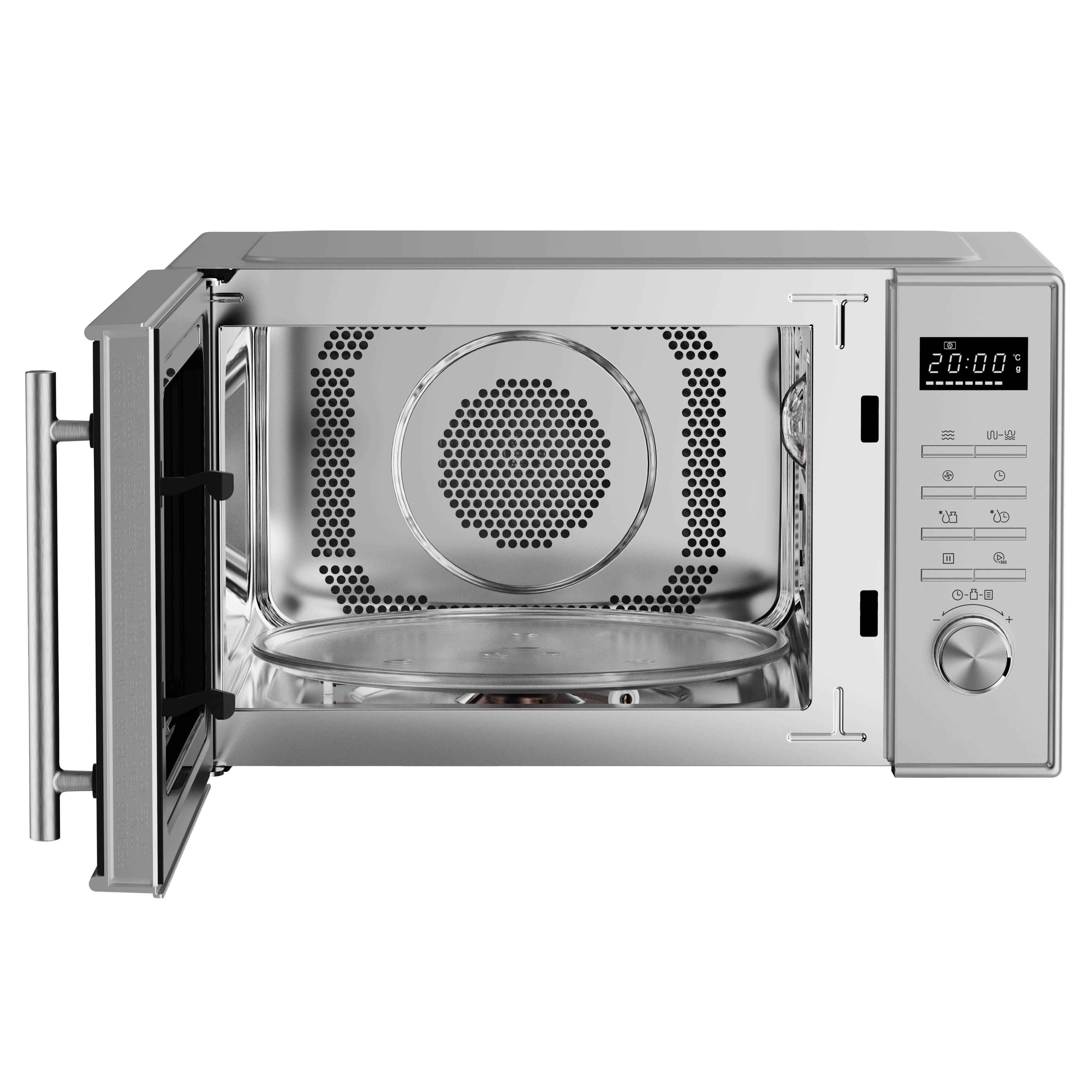Een zilveren magnetron met open deur, display toont 20:00.