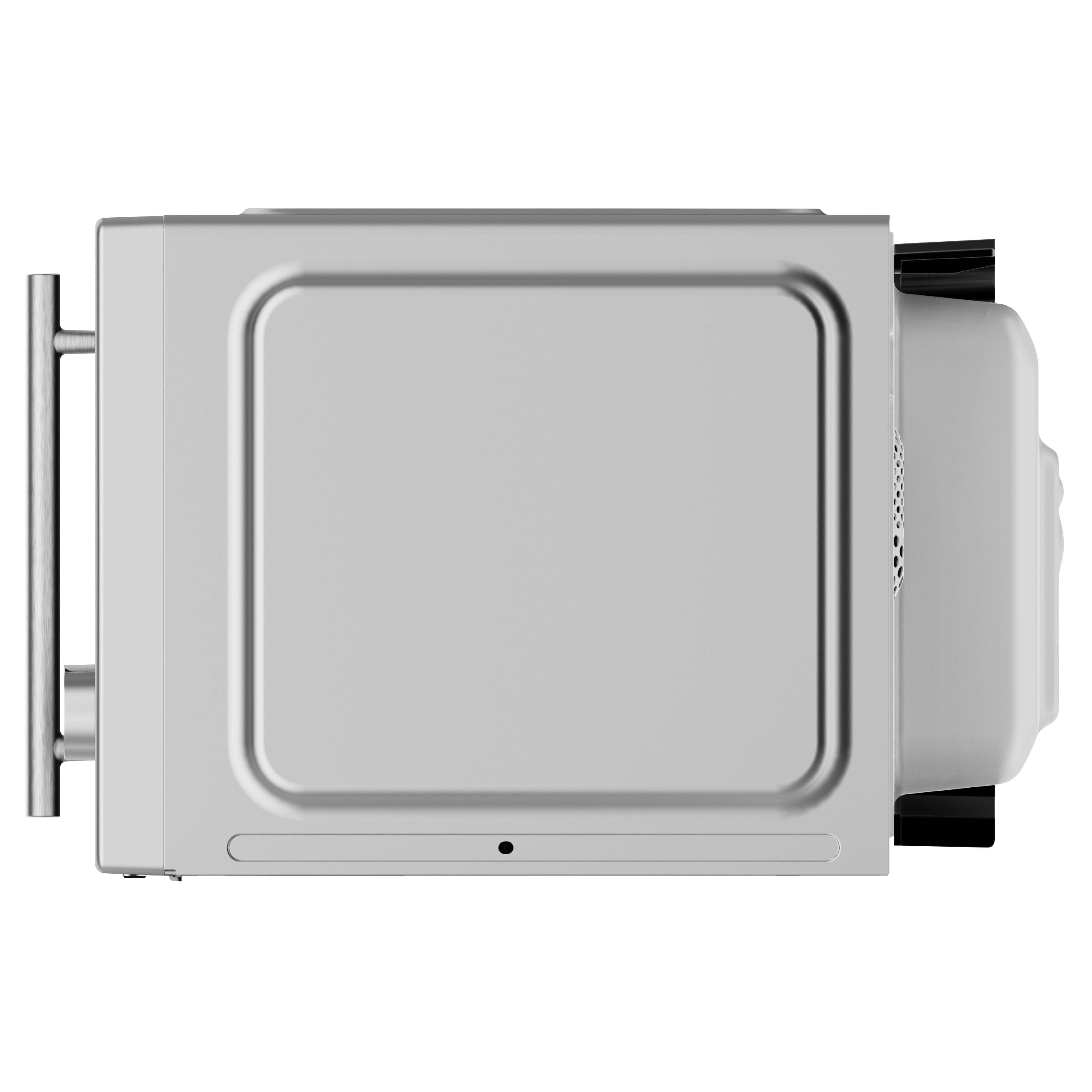 Bovenaanzicht van een zilveren magnetron met handvat en ventilatieopeningen.