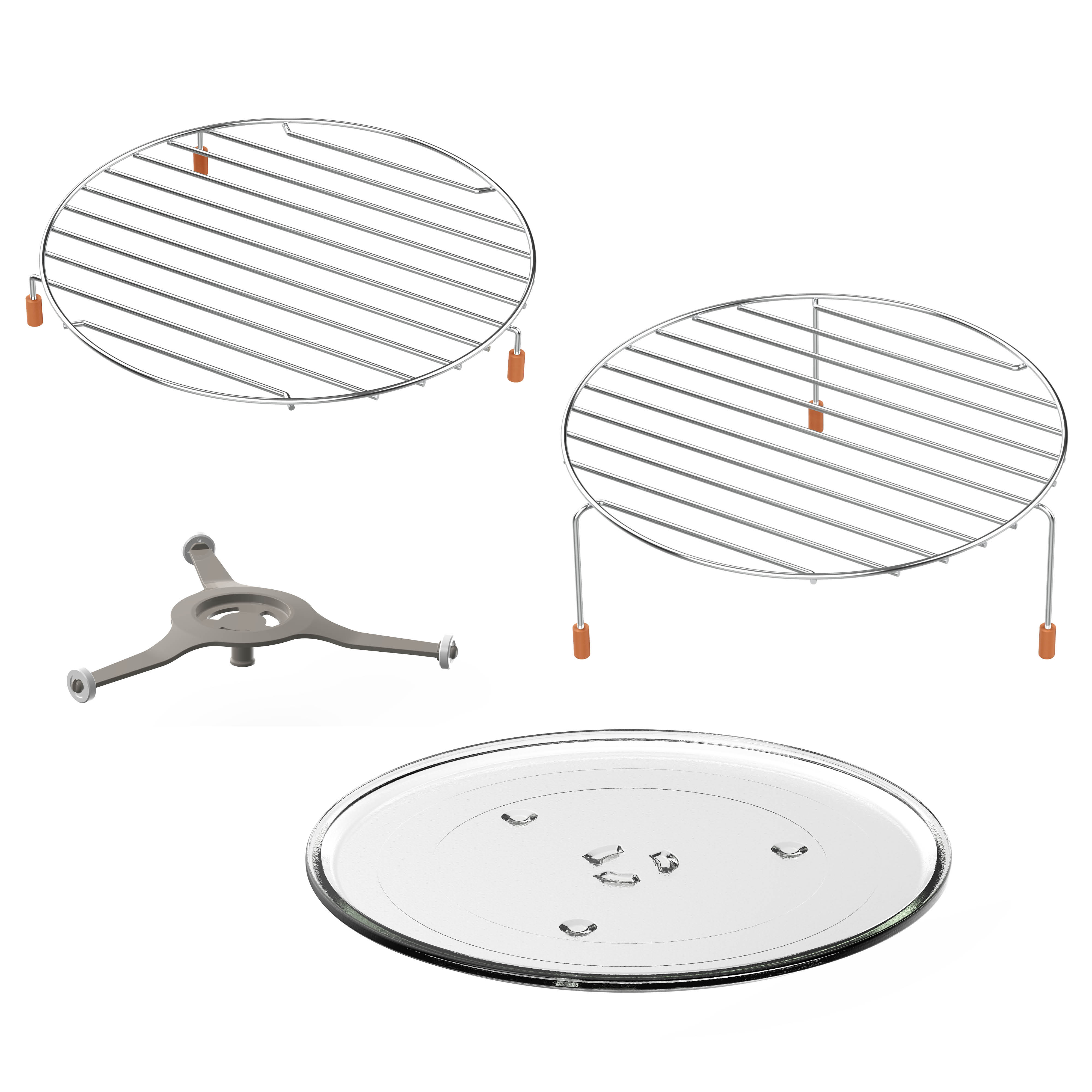 Twee ronde metalen roosters met bruine handvatten, een driepotige metalen standaard en een ronde glasplaat.