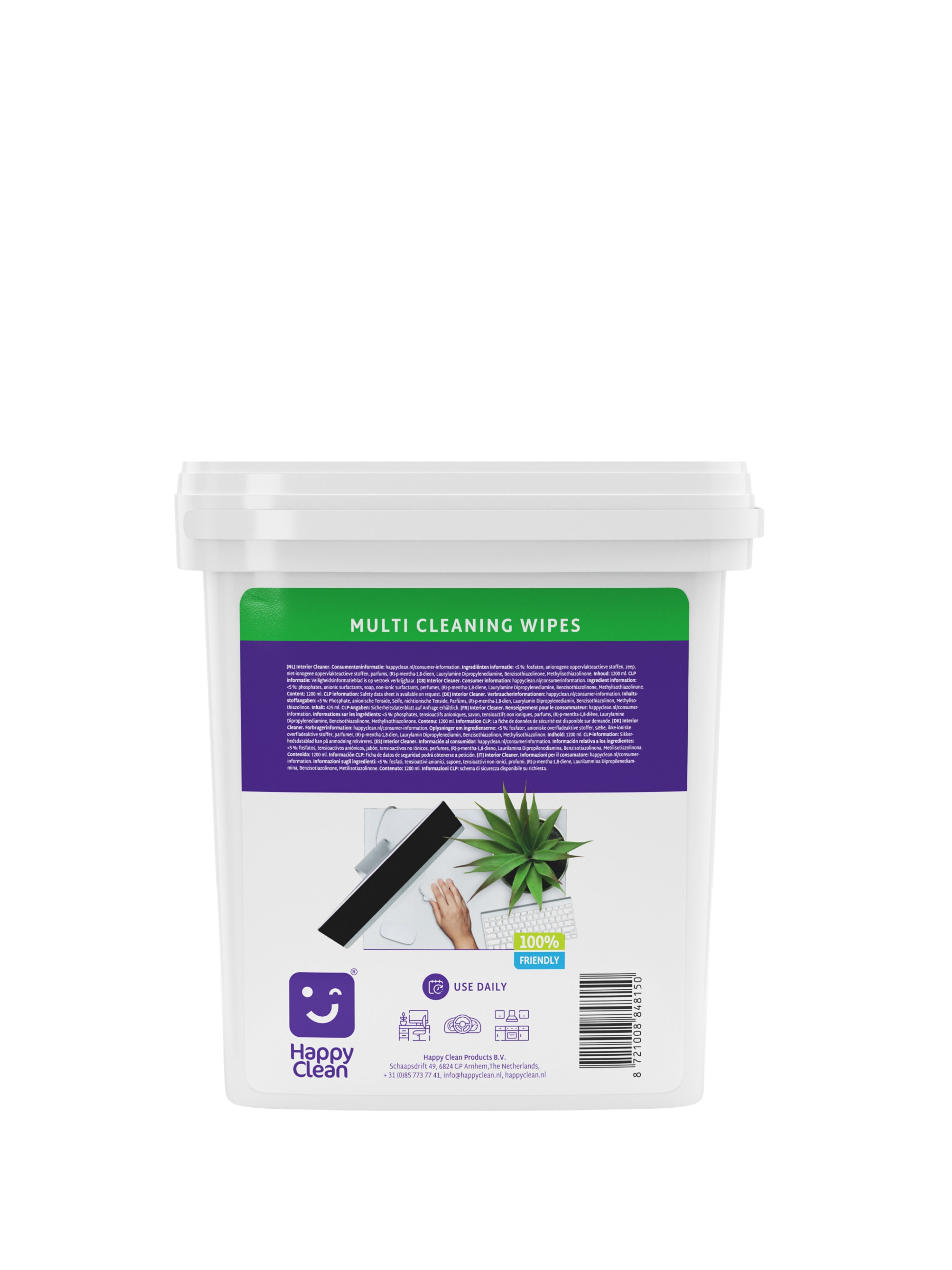 Een witte container met "Multi Cleaning Wipes" en een afbeelding van een hand die een bureau schoonmaakt.