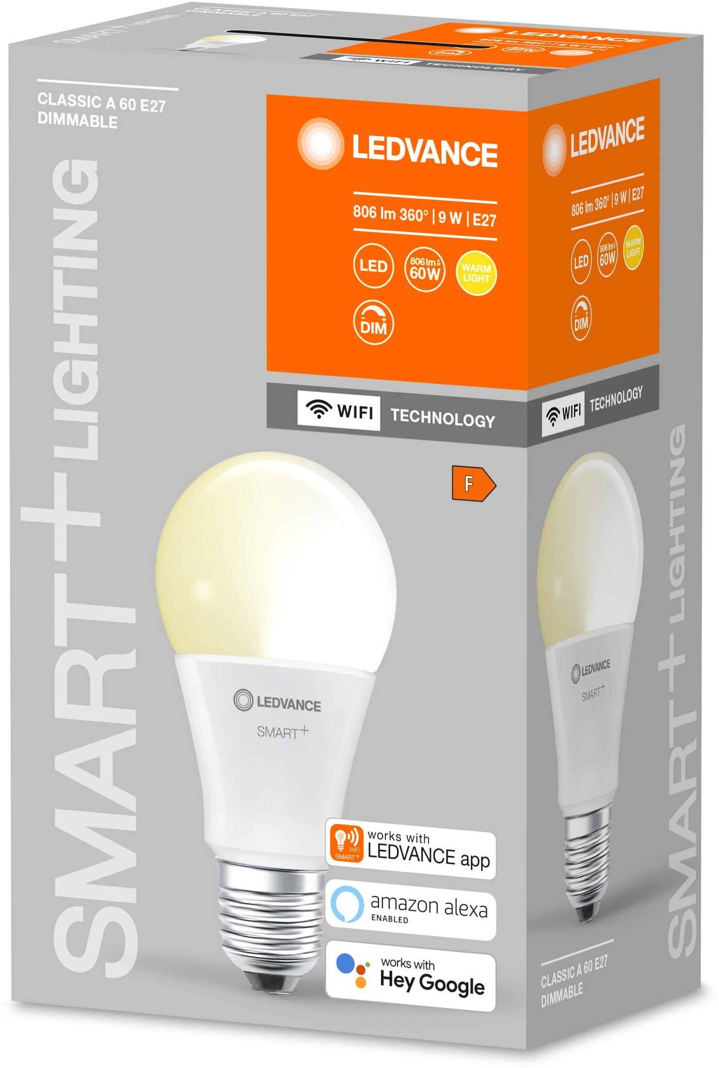 Scatola di lampadina LED Ledvance dimmerabile con tecnologia smart e base E27.