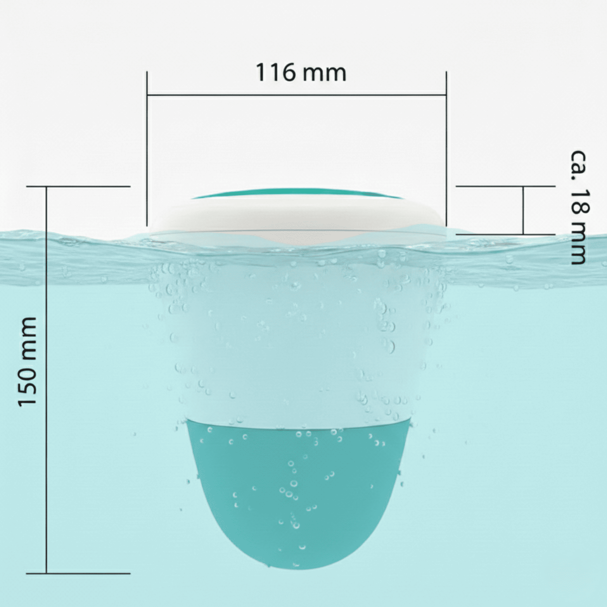 Un recipiente blanco y turquesa parcialmente sumergido en agua turquesa.