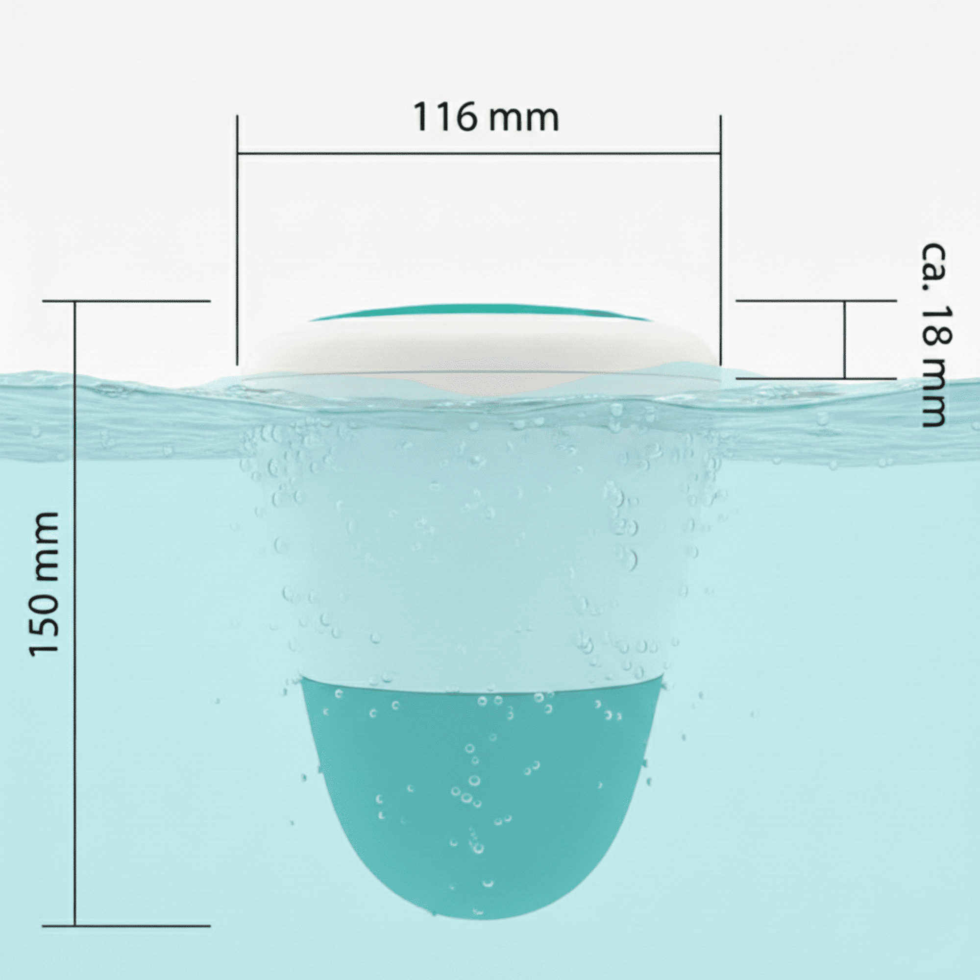 Un recipiente blanco y turquesa sumergido en agua turquesa, se muestran las dimensiones.