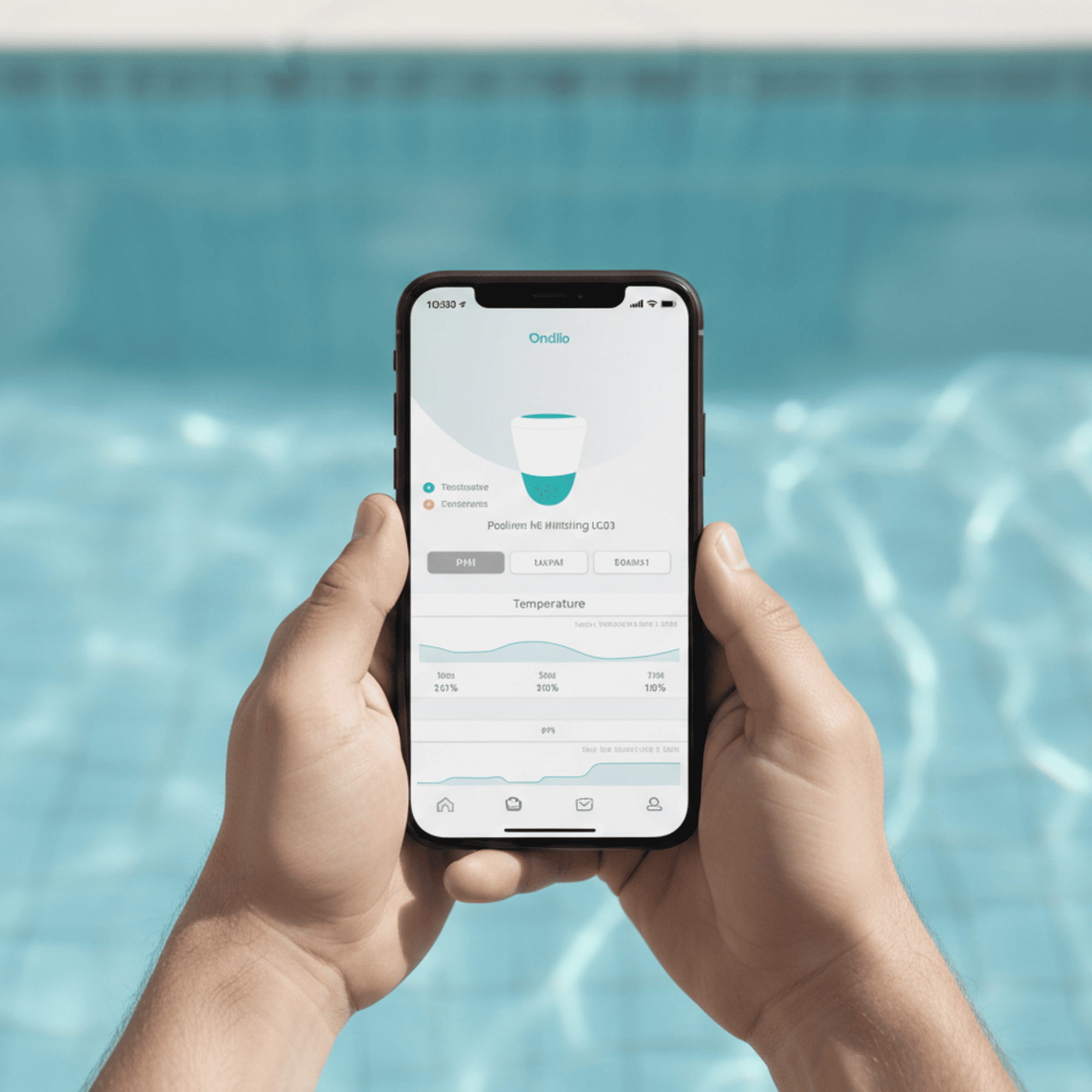 Manos sostienen un teléfono inteligente frente a una piscina. La app muestra datos.