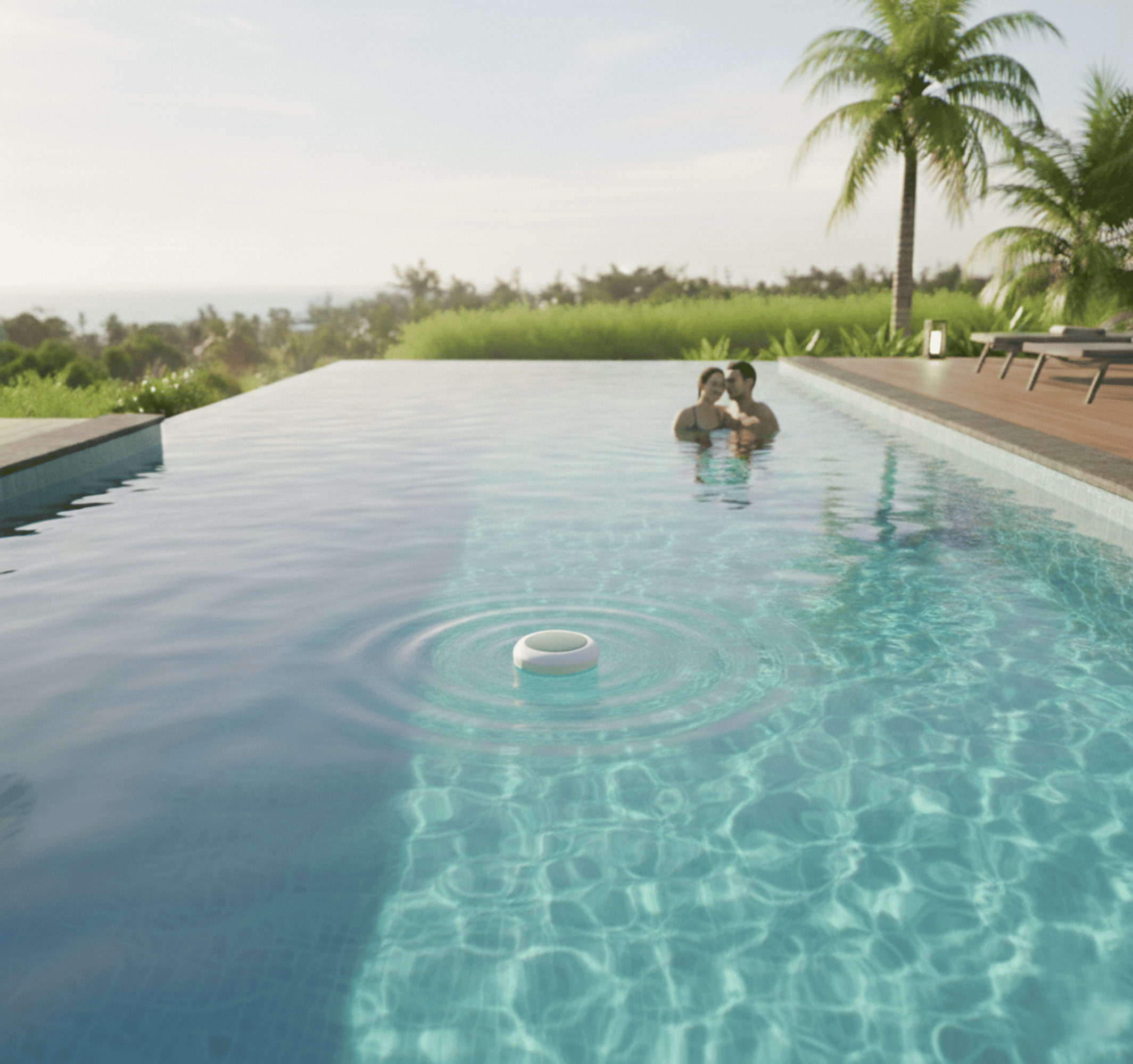 Una pareja nada en una piscina con palmeras y vista soleada.