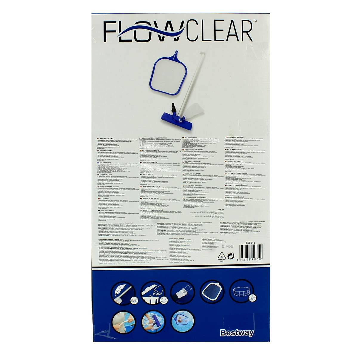 Kit de mantenimiento Bestway Flowclear para piscina con red y pértiga. Info producto en español.