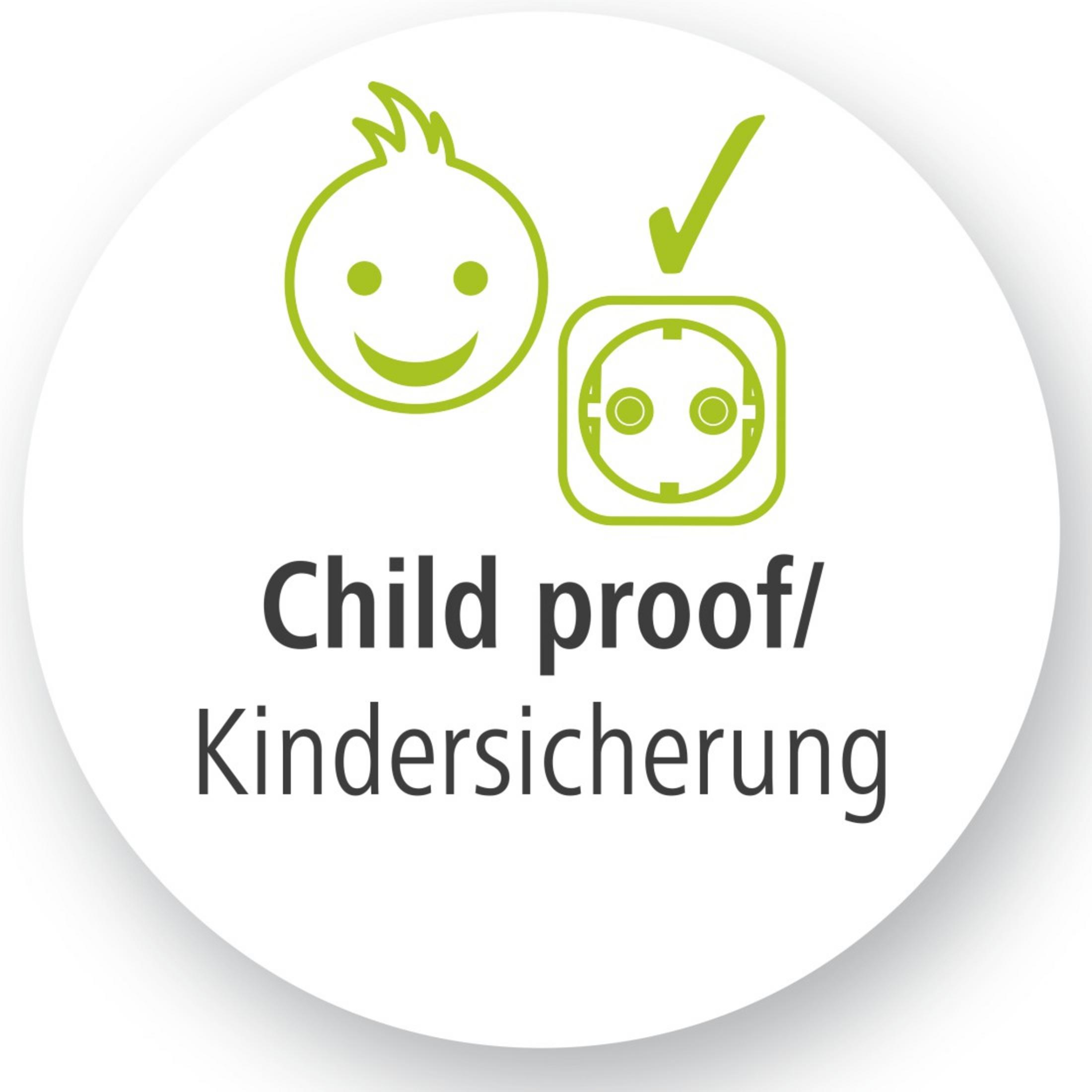 Kindersicherungssymbol: lächelndes Kind, Steckdose mit Häckchen.