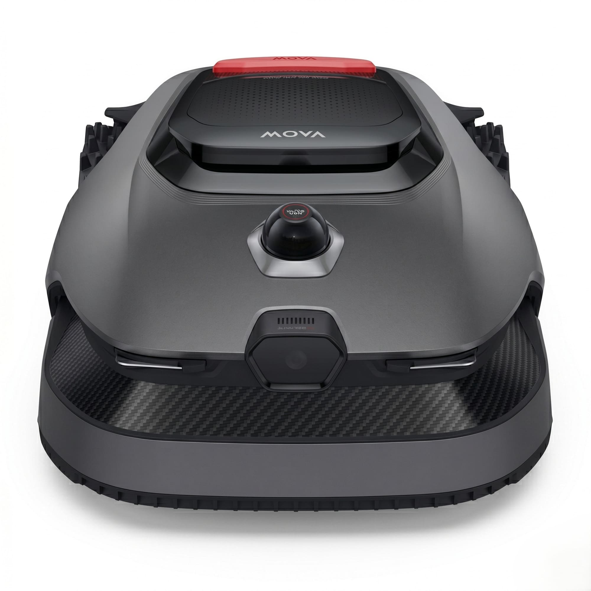 Robot cortacésped gris con acento rojo, cámara negra y patrón de fibra de carbono.