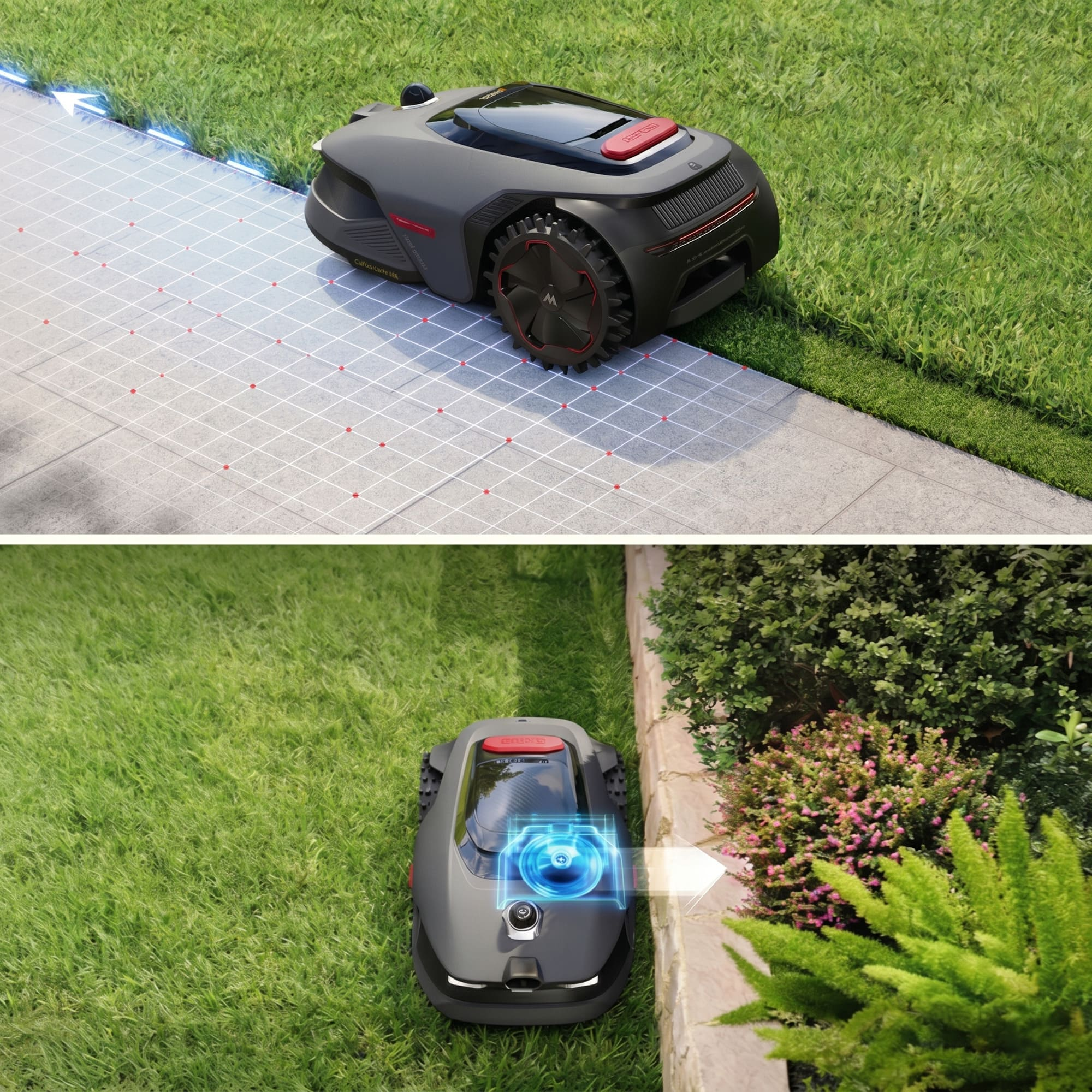 Un robot cortacésped negro sobre un camino pavimentado junto a césped.