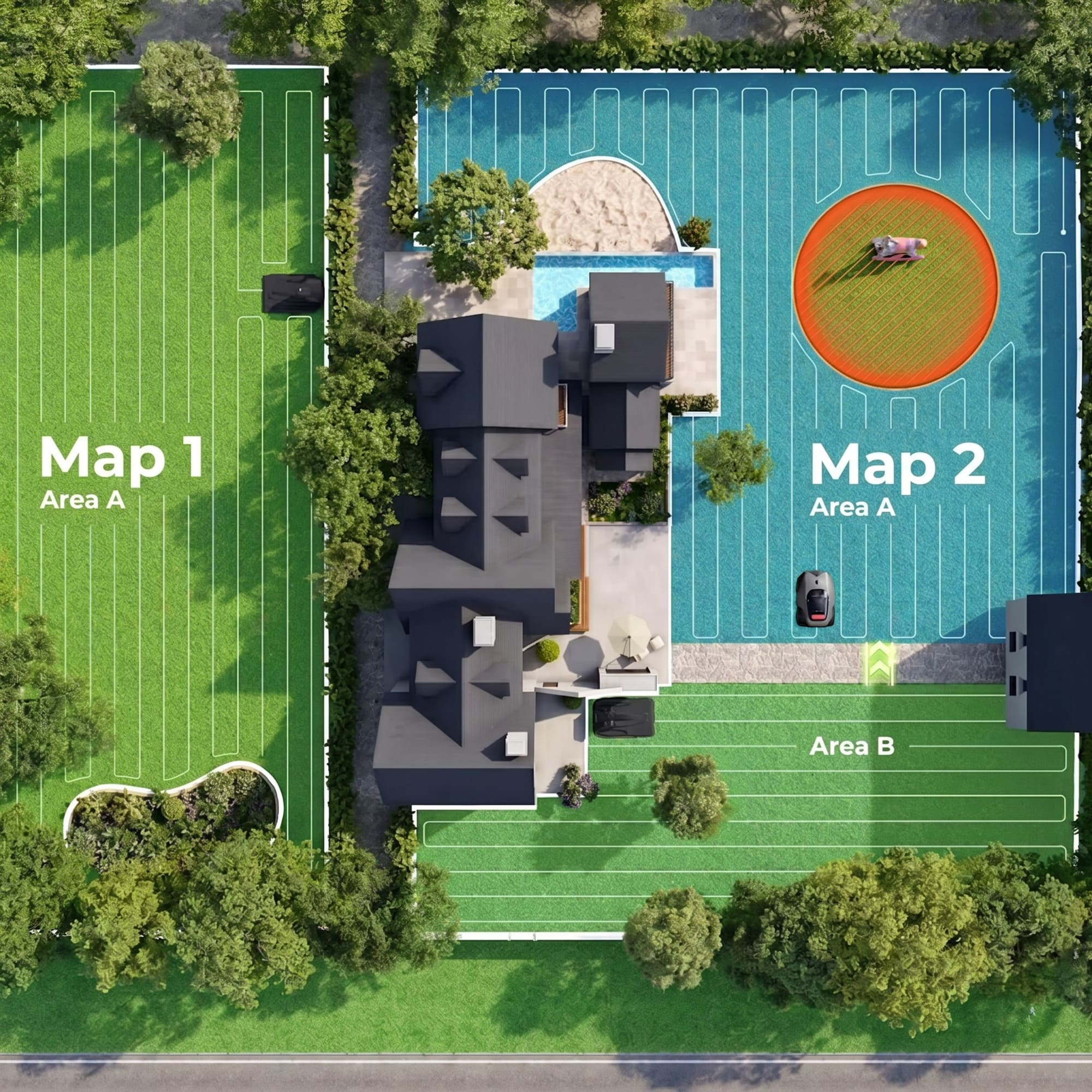 Vista aérea de un jardín con casa, piscina y césped cortado por robot.