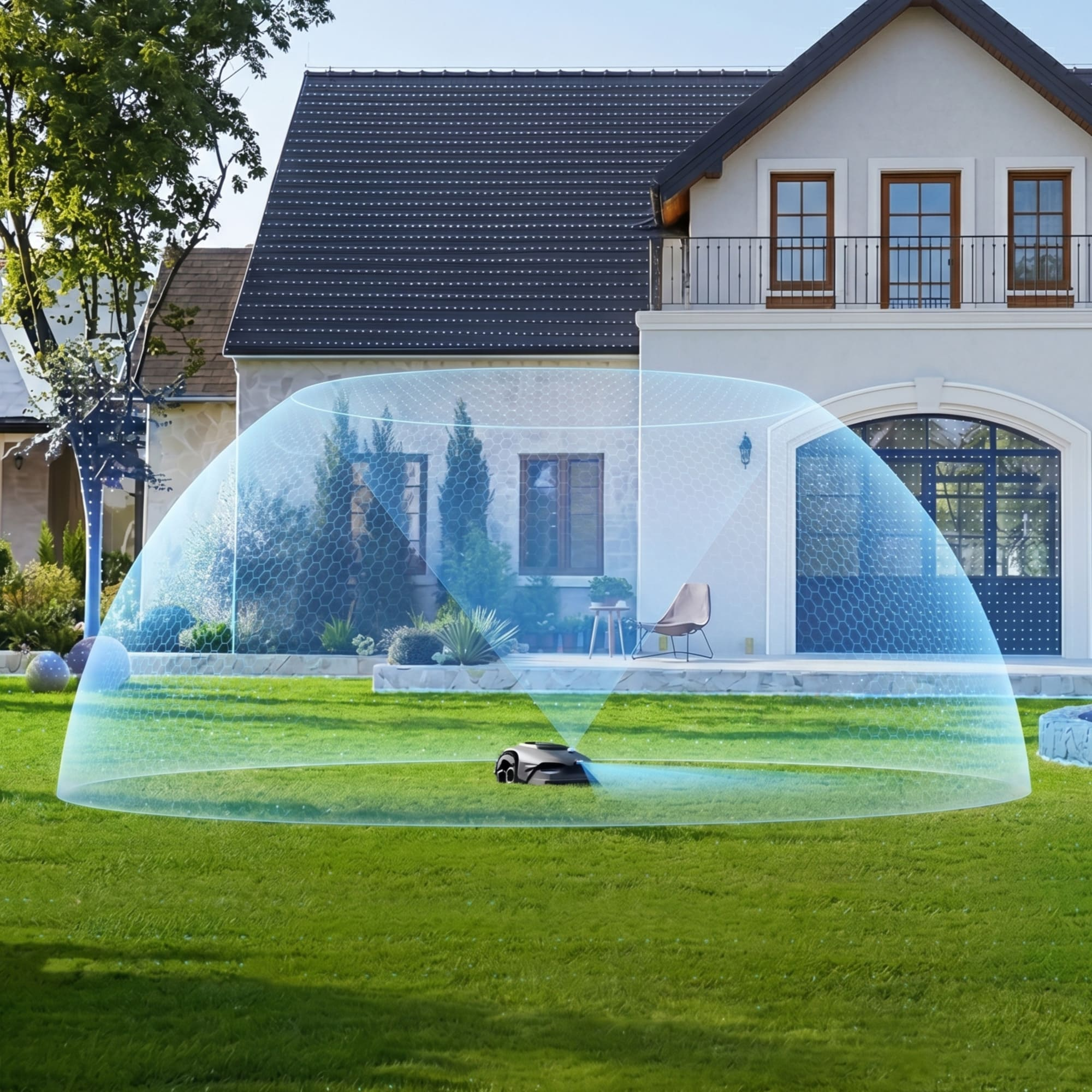 Un robot cortacésped en un césped verde frente a una casa con un campo de protección azul.