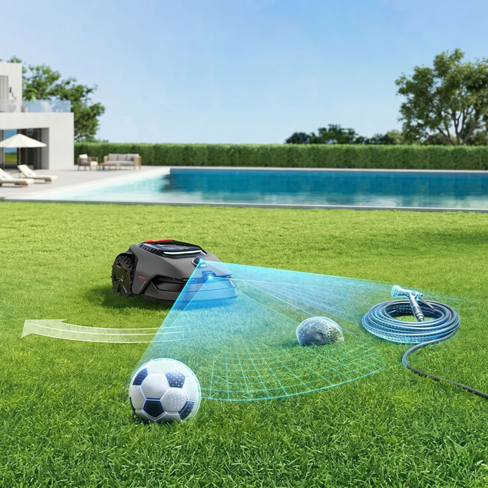 Un robot cortacésped escanea un balón de fútbol, una roca y una manguera en el césped.