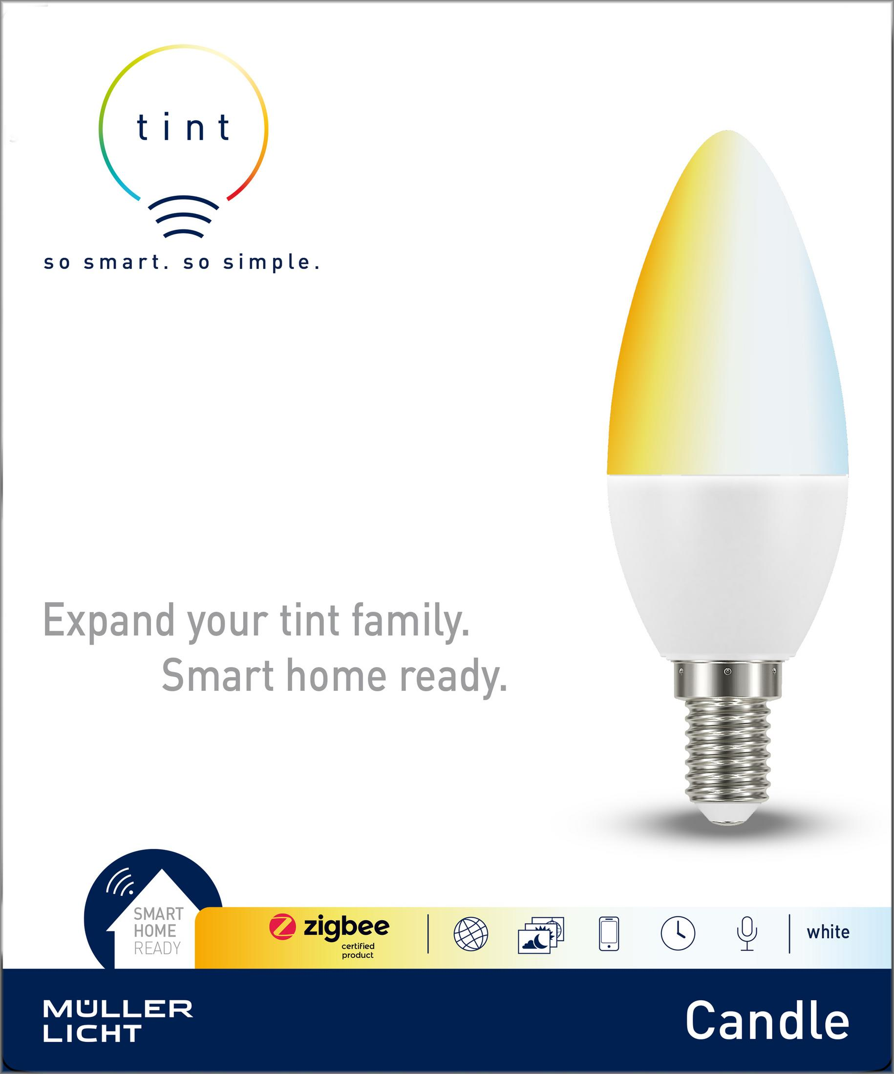 Eine weiße Kerzenlampe mit Farbverlauf von Gelb zu Blau leuchtet. Text und Logos sind sichtbar.