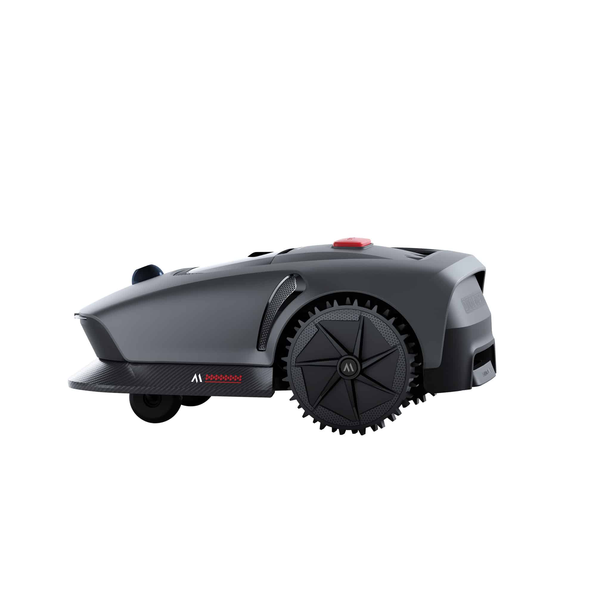 Un robot cortacésped gris con ruedas negras grandes y un botón rojo sobre fondo blanco.