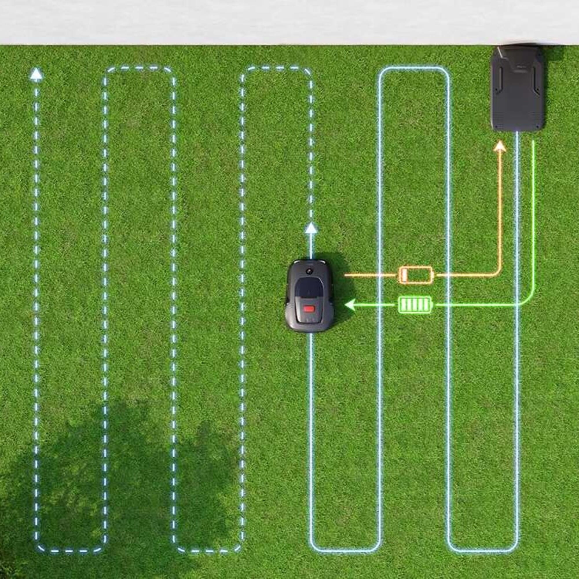 Un robot cortacésped en un césped verde sigue una ruta de navegación.