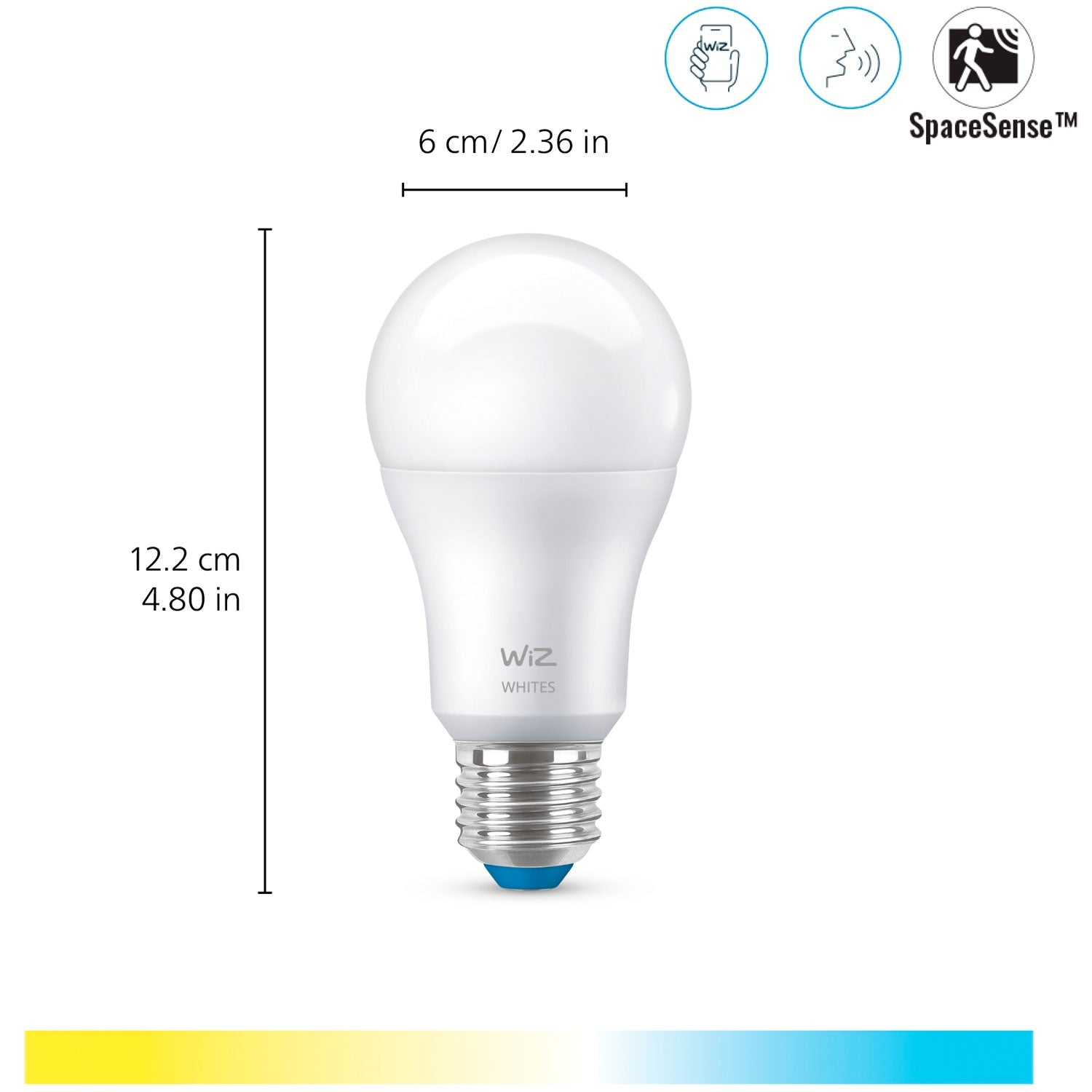 Een witte Wiz lamp met afmetingen en iconen voor slimme functies.