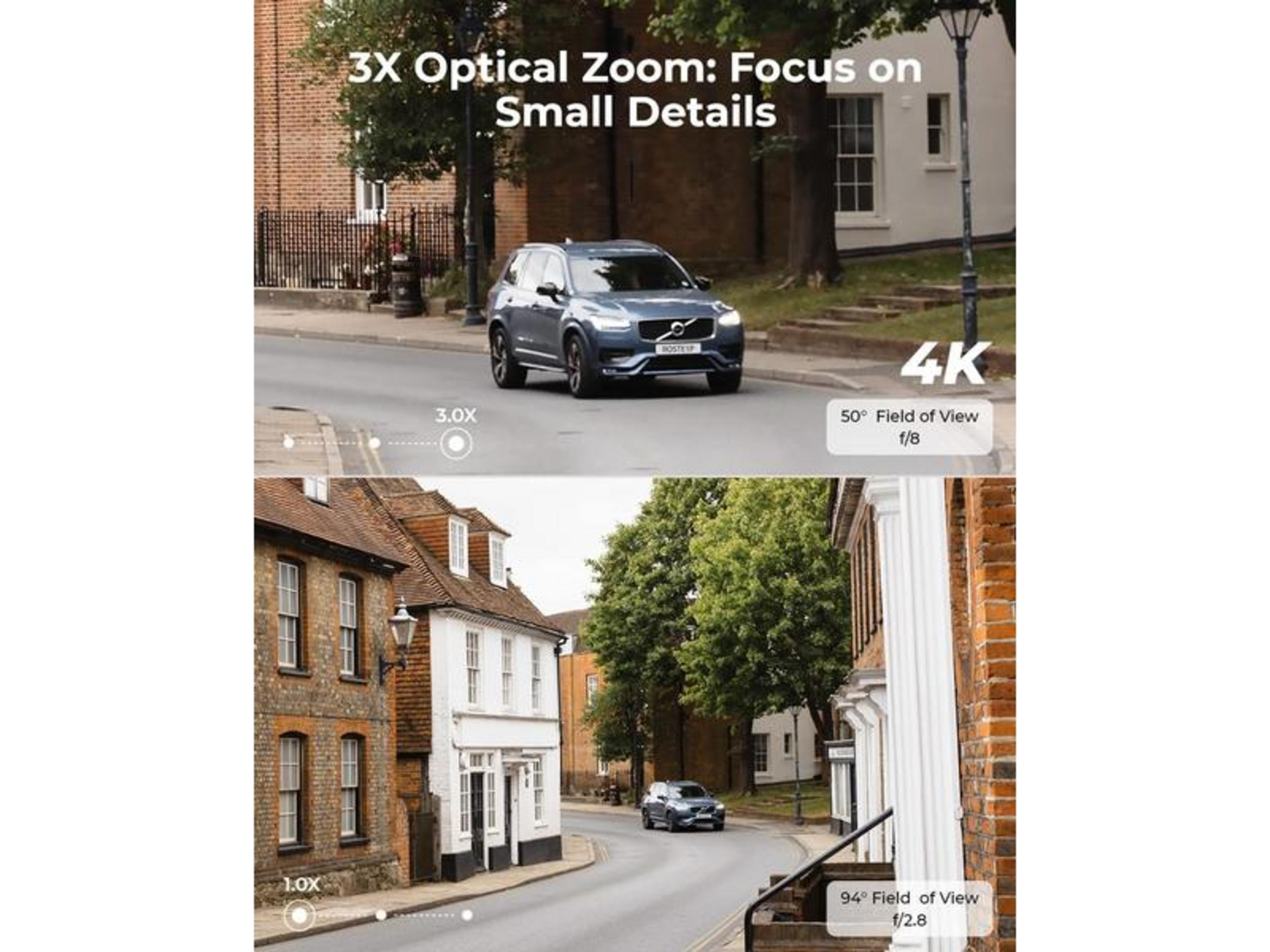 Une voiture grise roule dans une rue avec des maisons. Le haut montre un zoom 3x, le bas un zoom 1x.