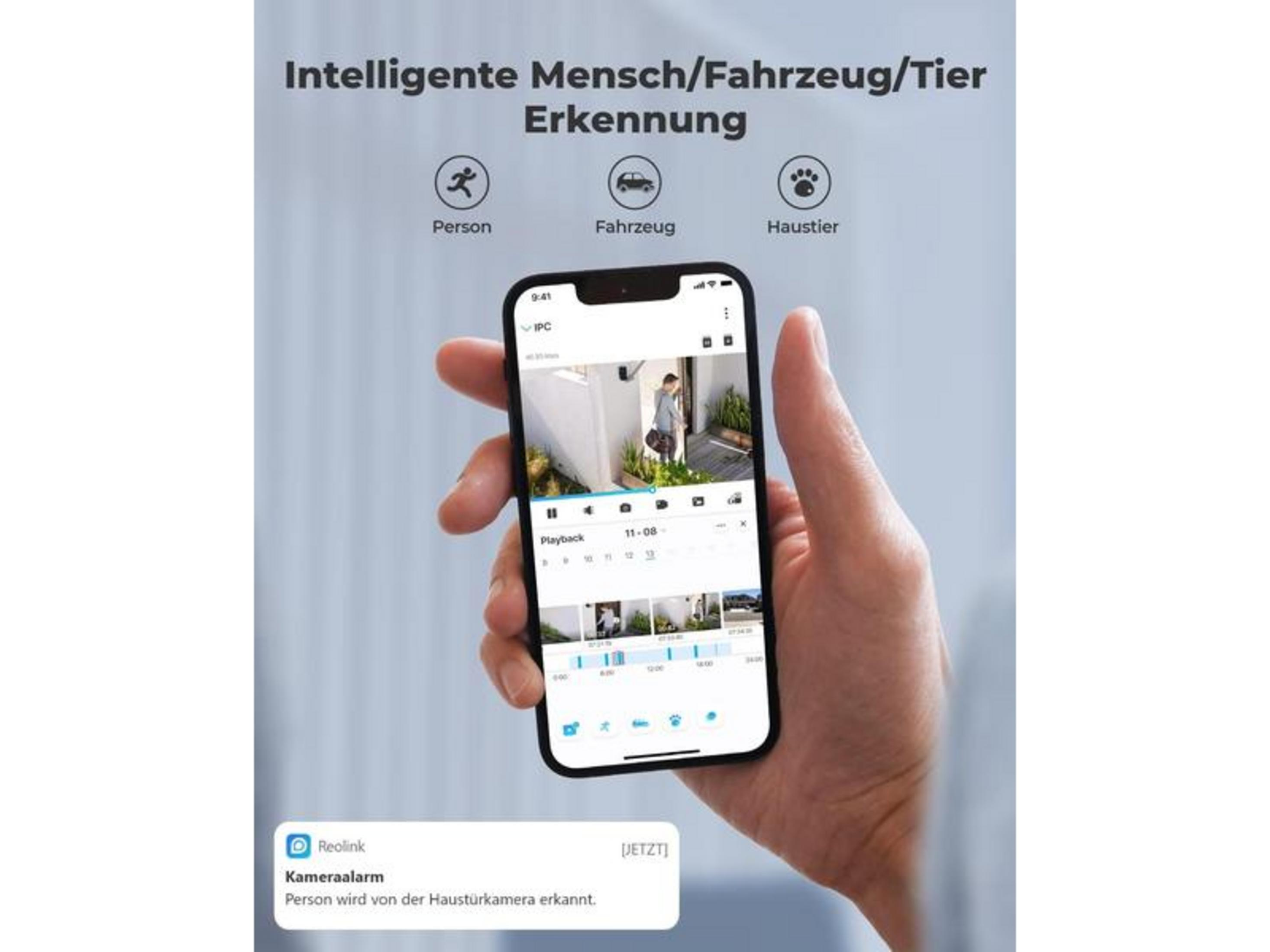 Ein Smartphone zeigt eine Türkamera-App mit Personenerkennung an.