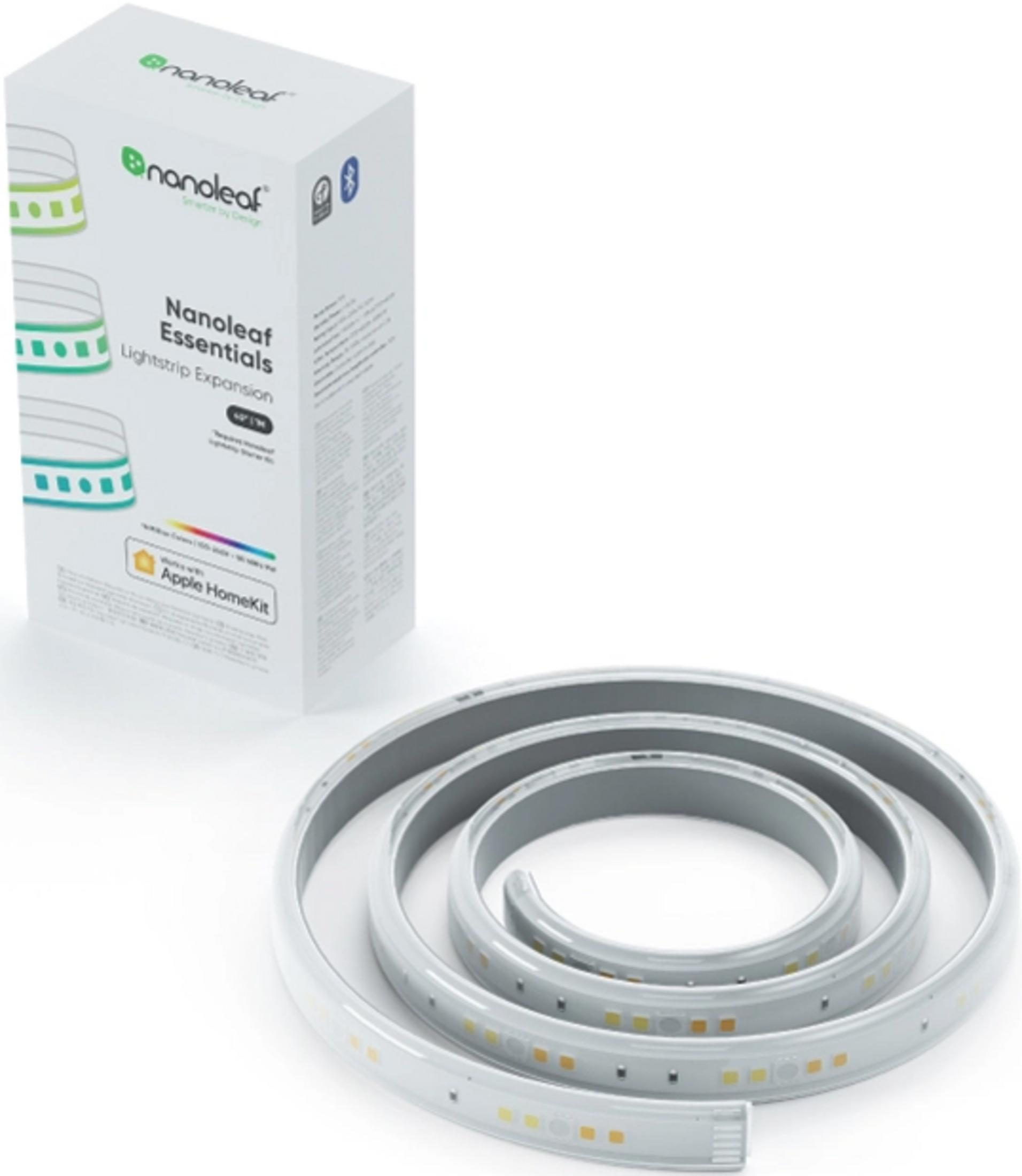 Eine Nanoleaf Essentials Lightstrip Expansion Box und ein aufgerollter Lightstrip.