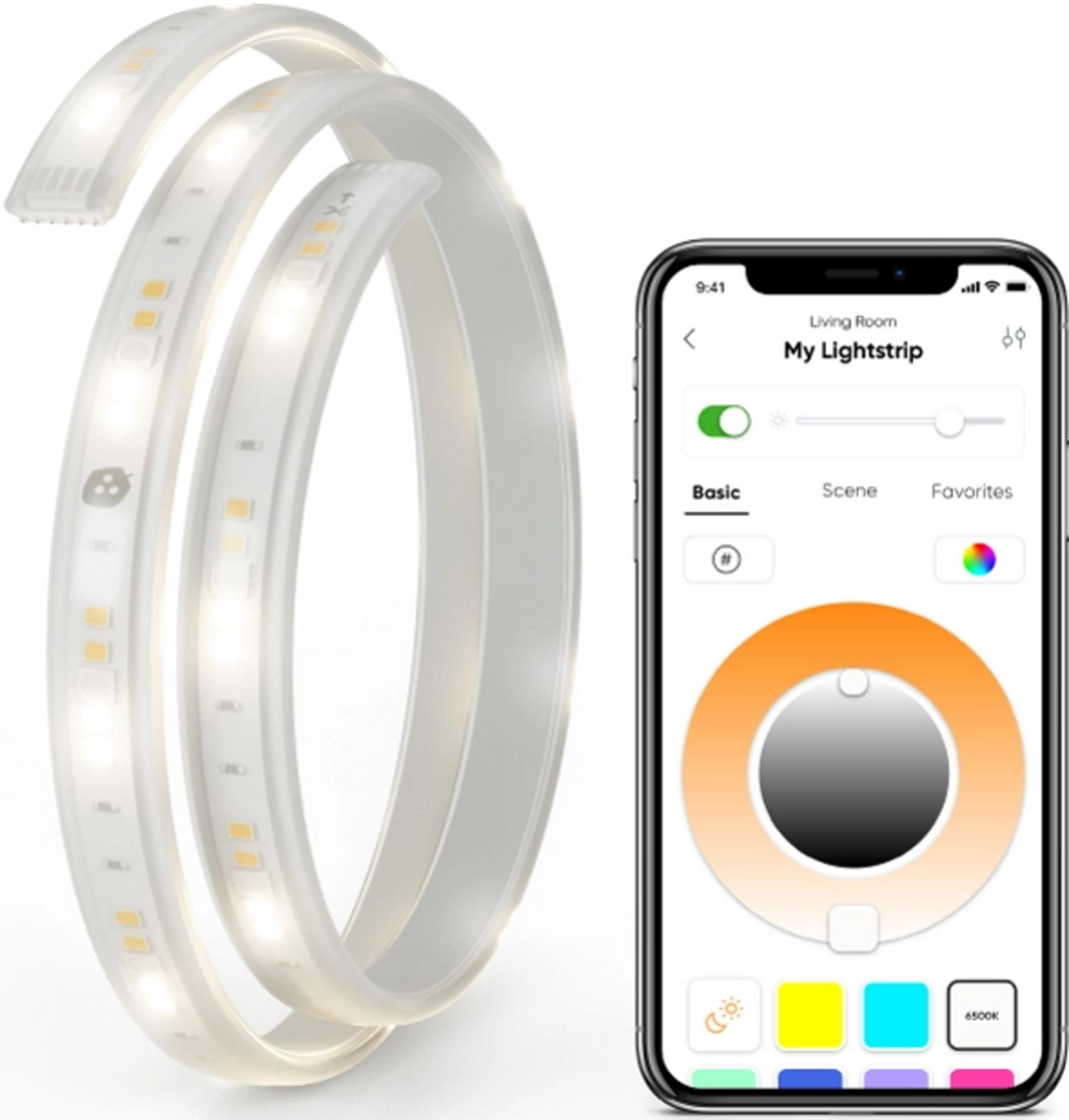 Ein weißes LED-Lichtband wird neben einem Smartphone gezeigt, das eine Lichtsteuerungs-App anzeigt.