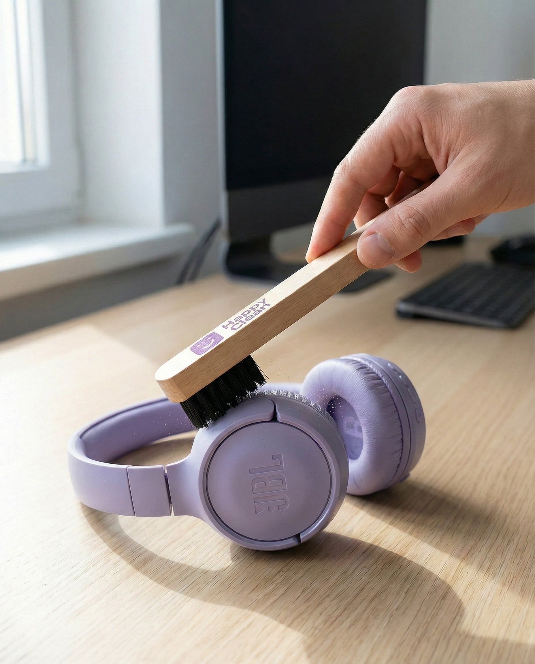 Een hand borstelt een paarse JBL koptelefoon met een houten schoonmaakhulpmiddel.