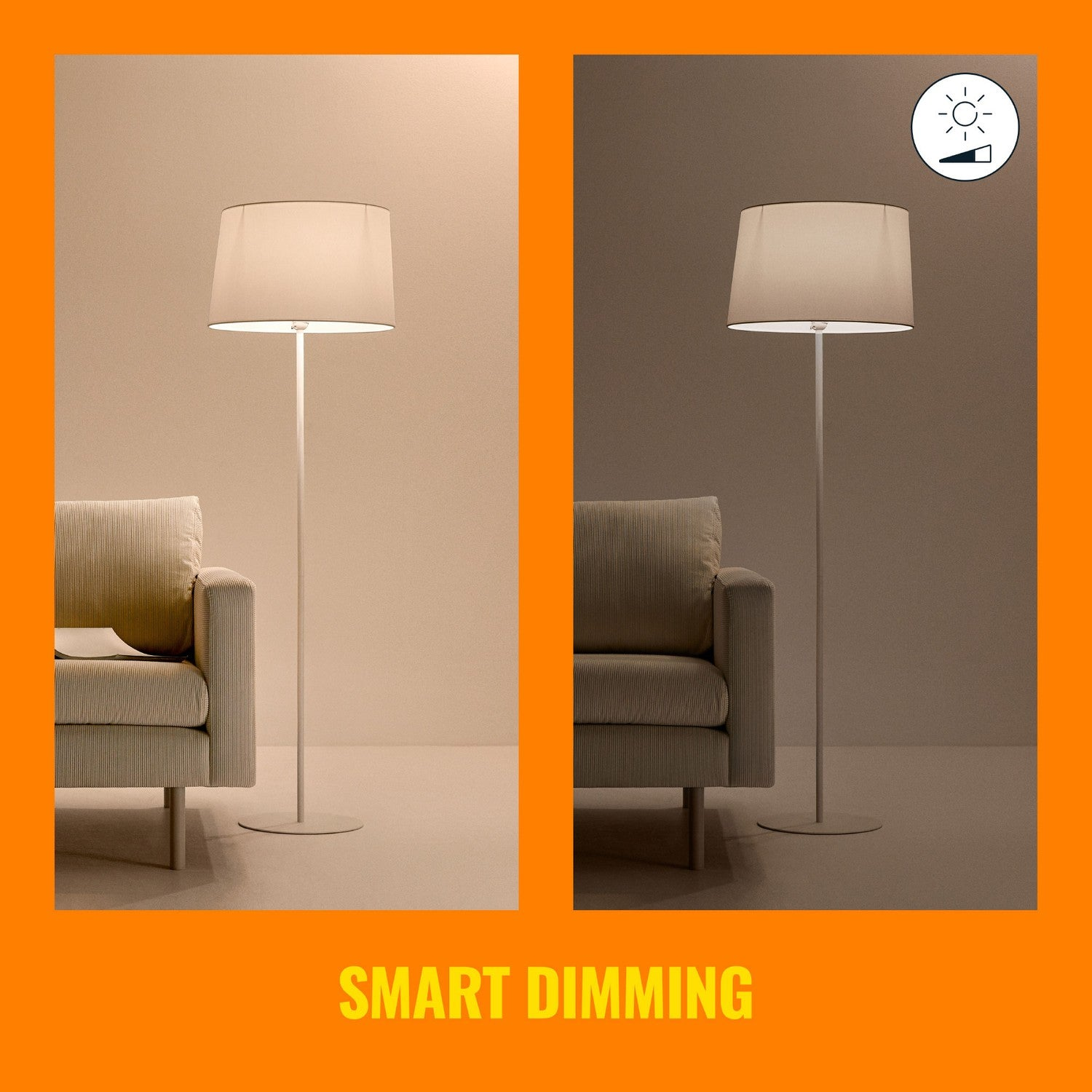 Een staande lamp met witte kap staat naast een bank. De afbeelding is gesplitst en toont verschillende lichtniveaus.