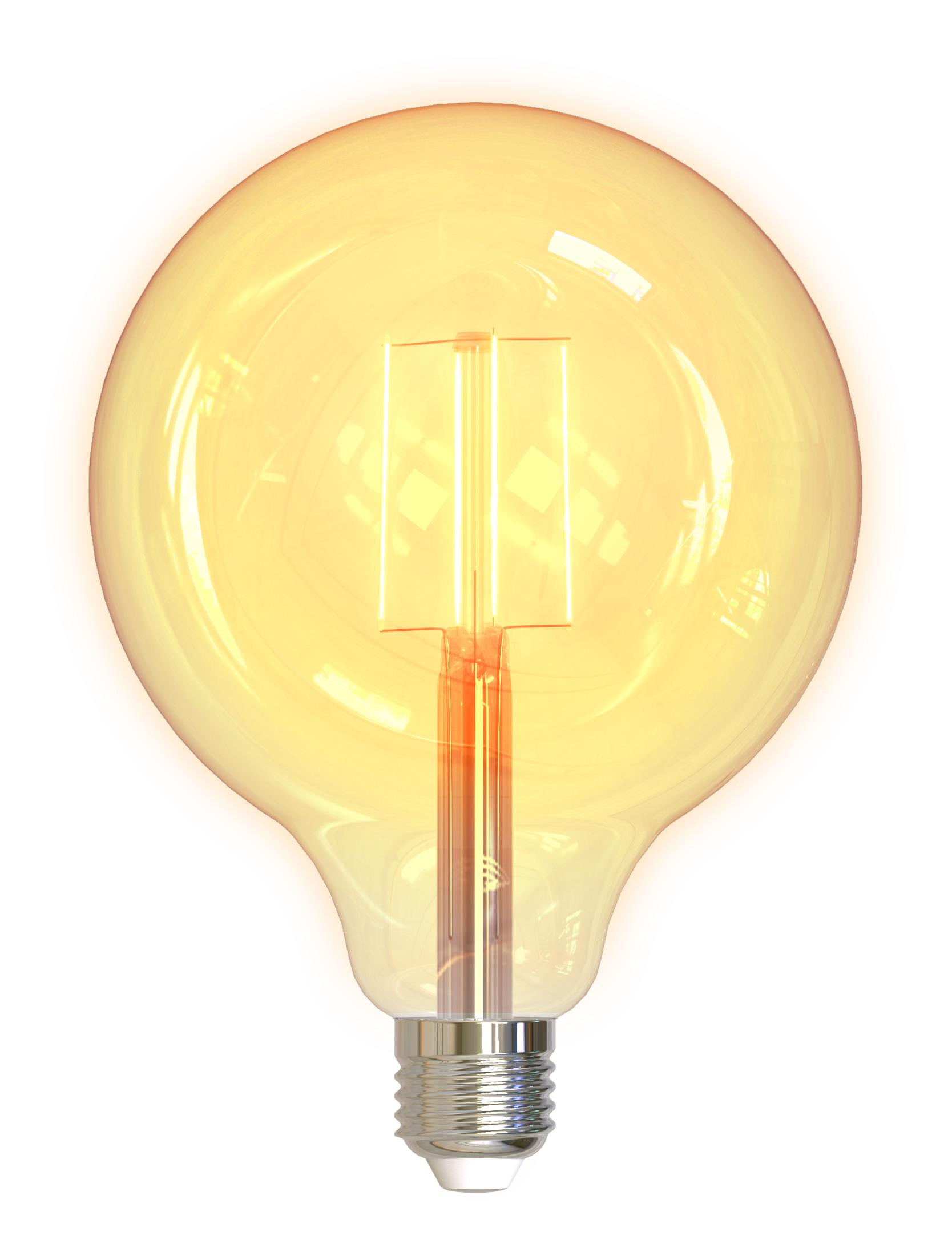 Una lampadina luminosa color ambra con base argentata su sfondo bianco.