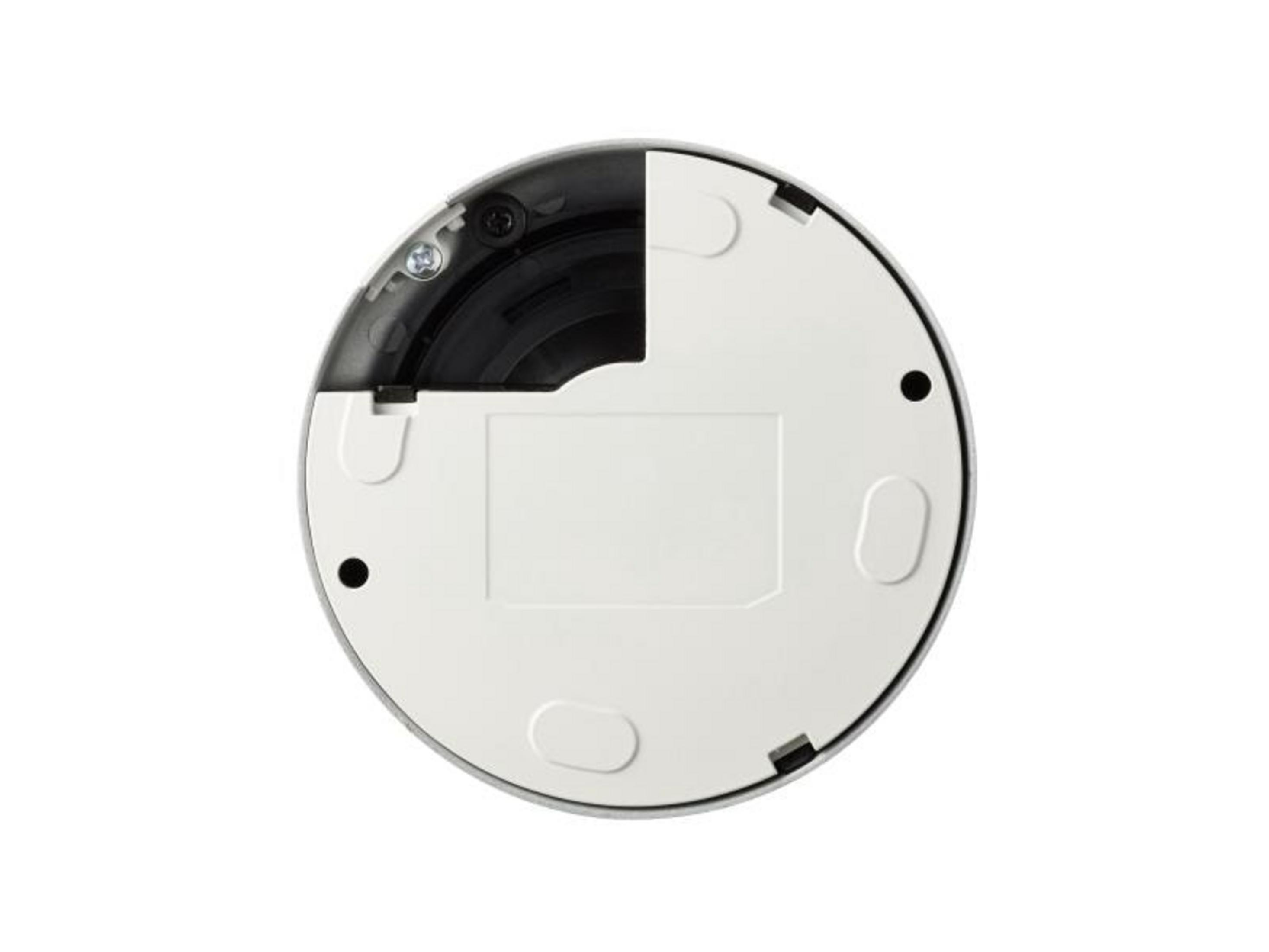 Parte inferiore di un dispositivo bianco con accenti neri e viti.