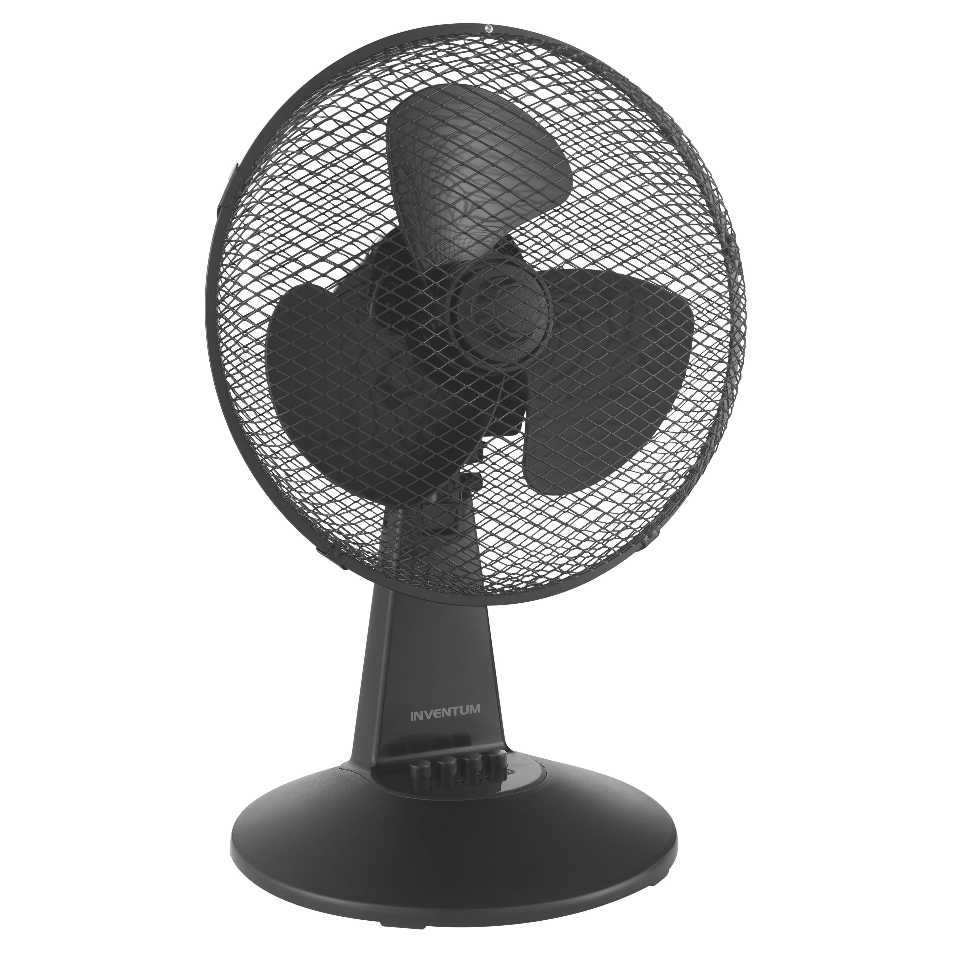 Een zwarte tafelventilator met een metalen rooster en drie bladen.