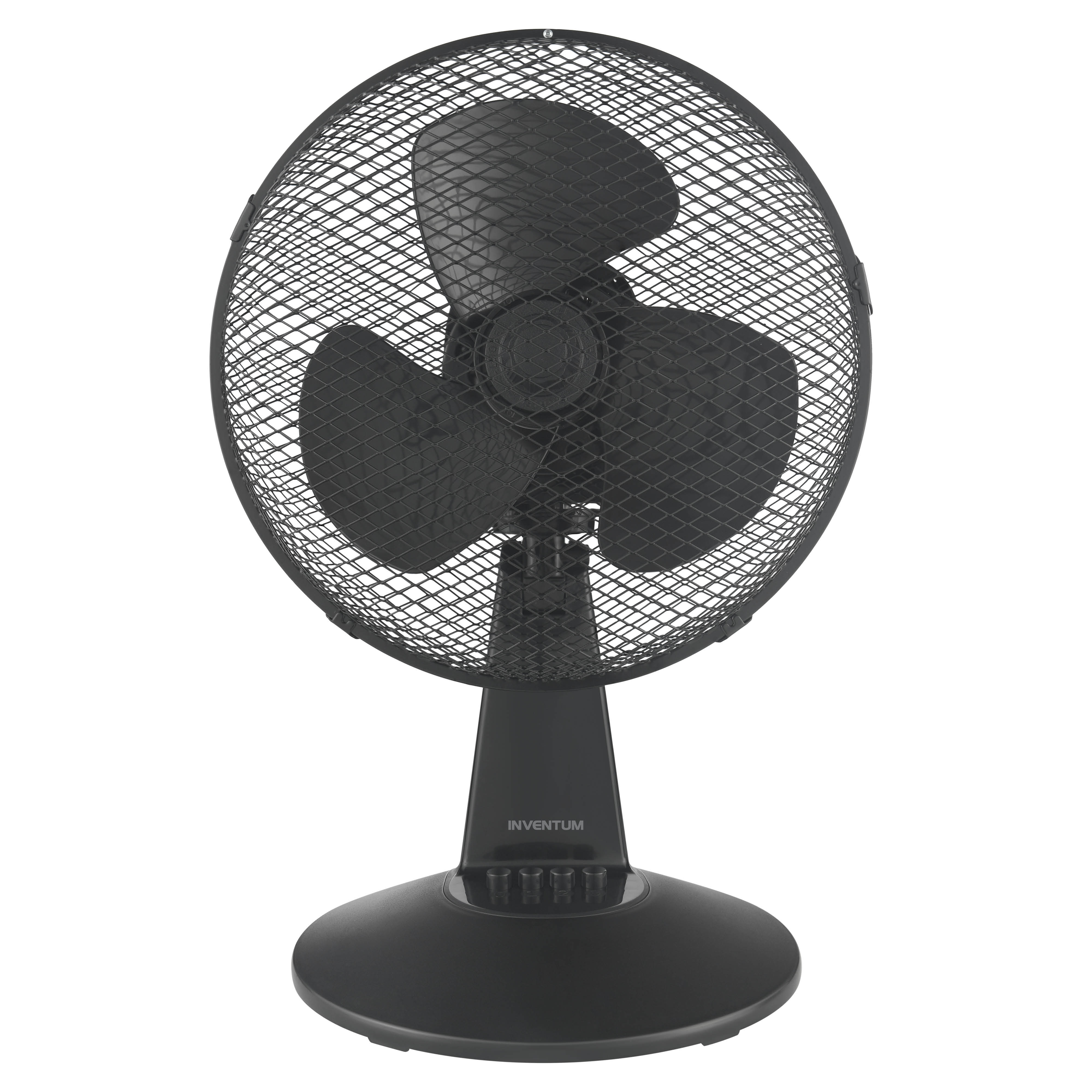 Een zwarte tafelventilator met drie bladen en beschermend rooster.