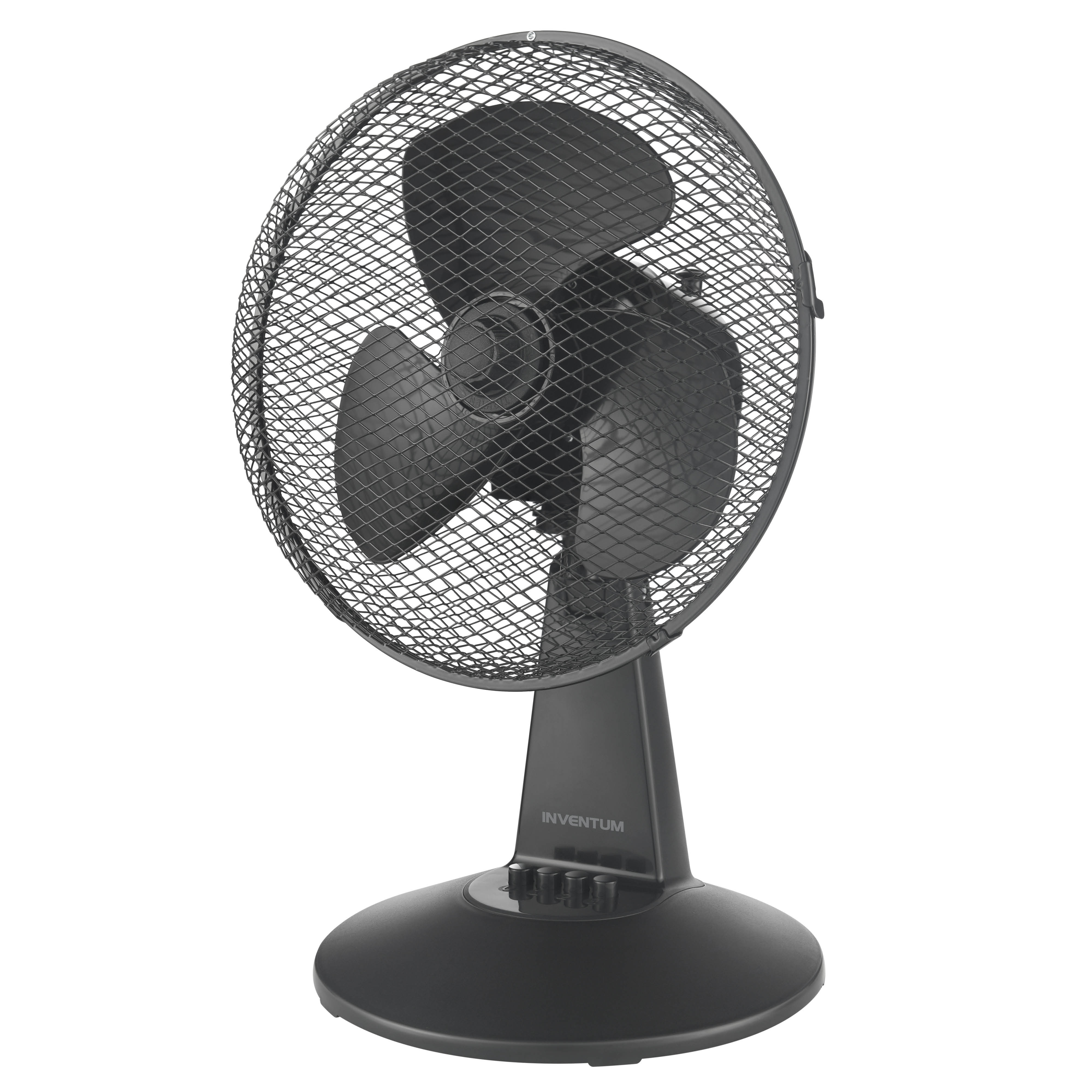 Een zwarte tafelventilator met metalen rooster en drie bladen.