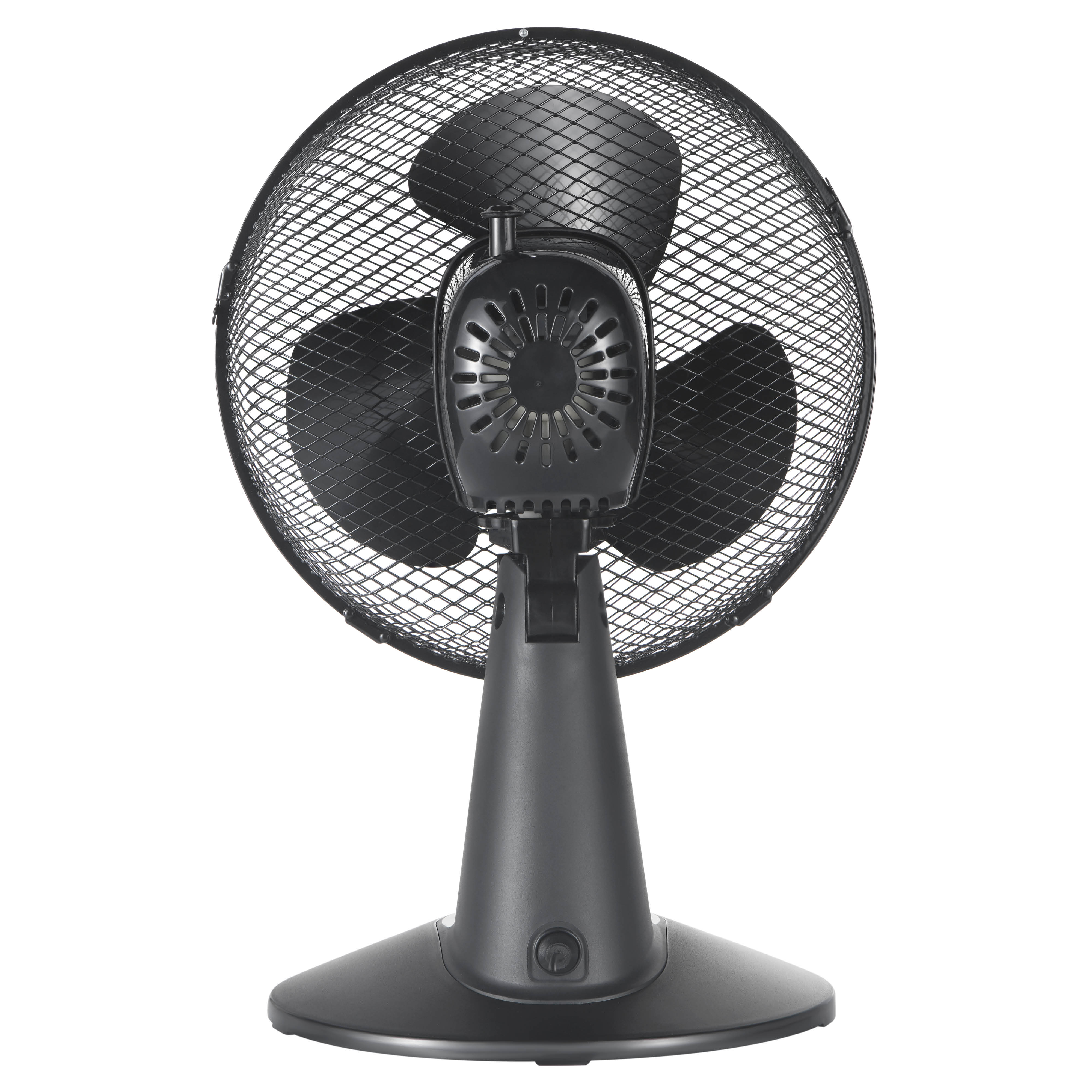 Een zwarte tafelventilator met een gaasbescherming en drie bladen.