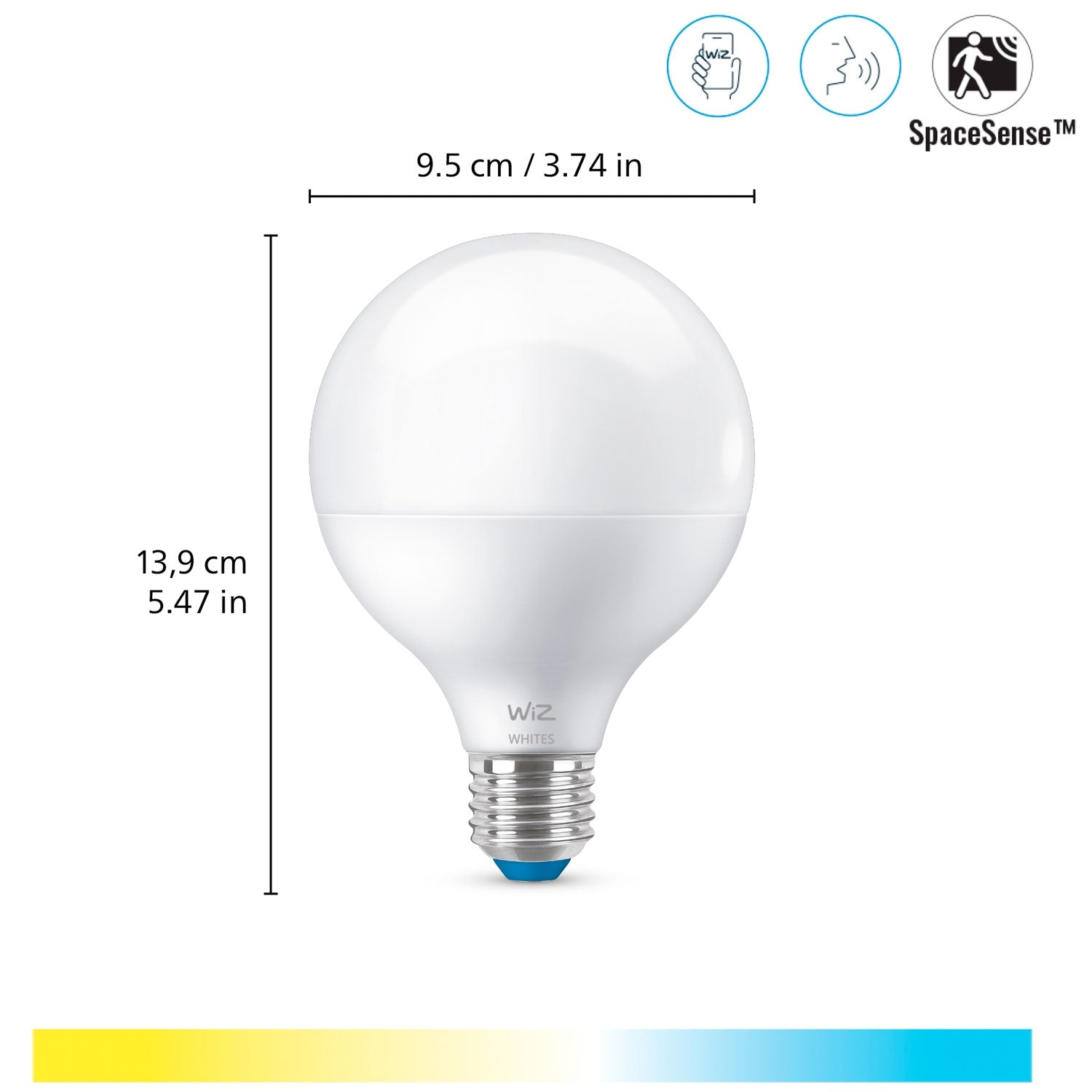 Een witte LED-lamp met afmetingen en iconen voor bediening en beweging.