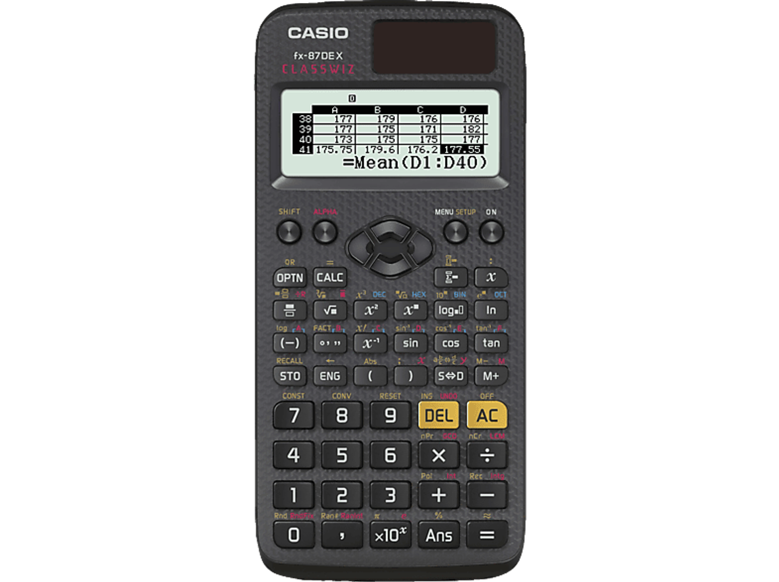 Ein schwarzer Casio fx-87DEX ClassWiz Taschenrechner mit einem Bildschirm, der eine Tabelle und eine Mittelwertformel anzeigt.