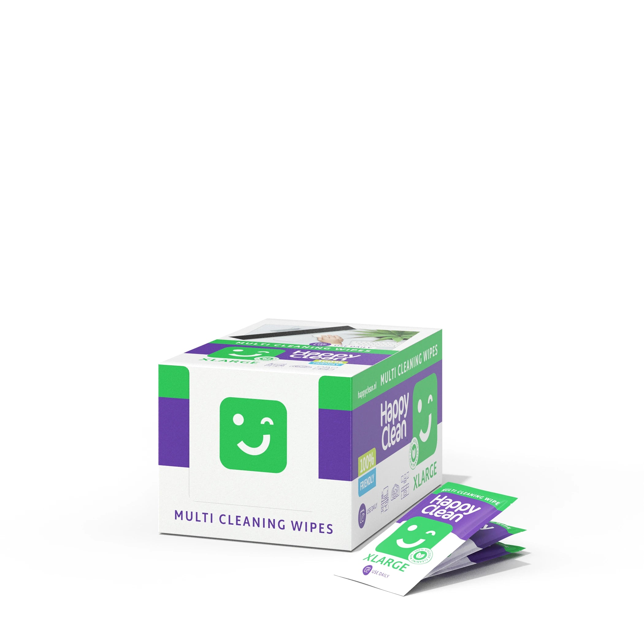 Doos Happy Clean Multi Cleaning Wipes met individuele zakjes.