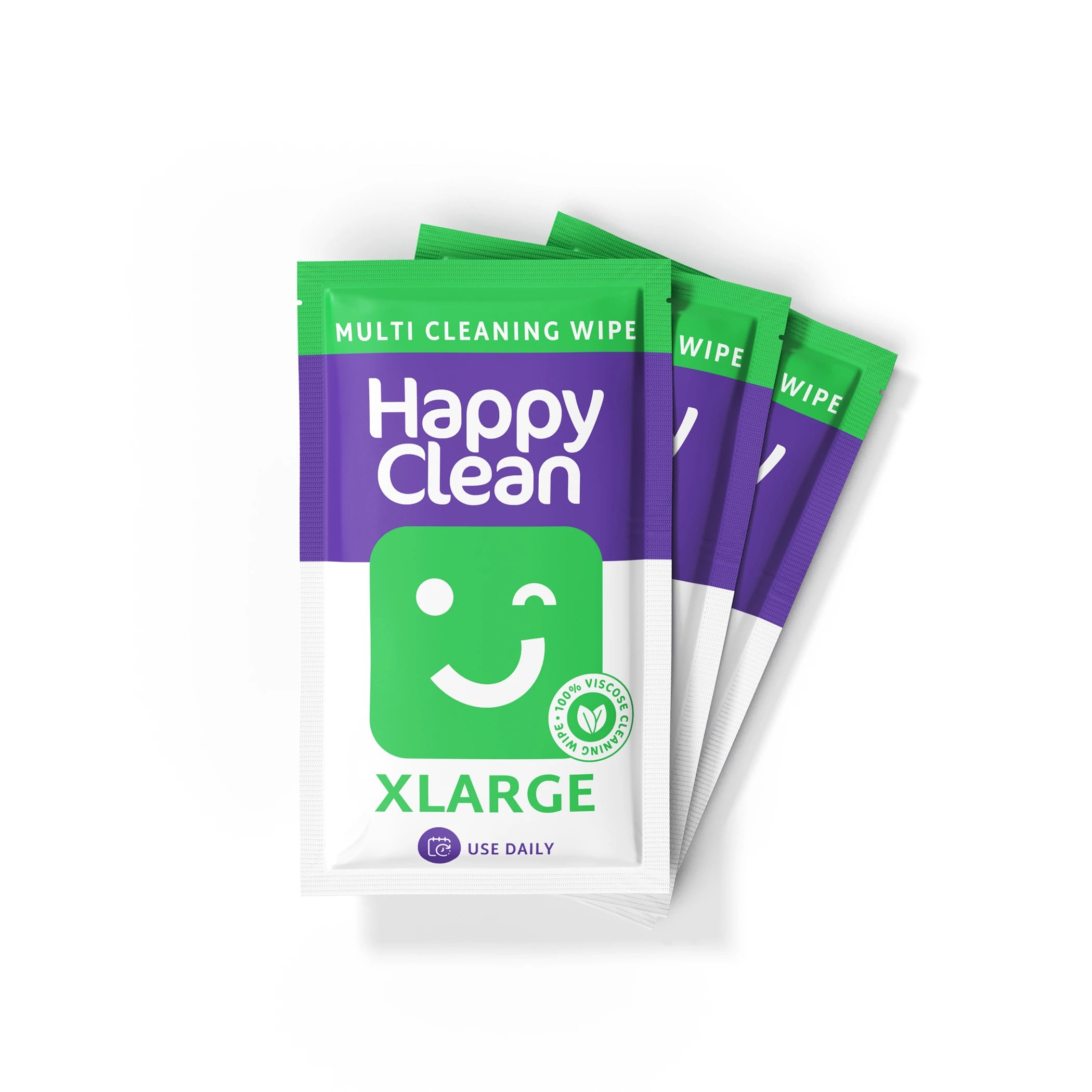 Drie pakjes Happy Clean allesreinigerdoekjes. Eén pakje is open en toont een groen lachend gezichtje.
