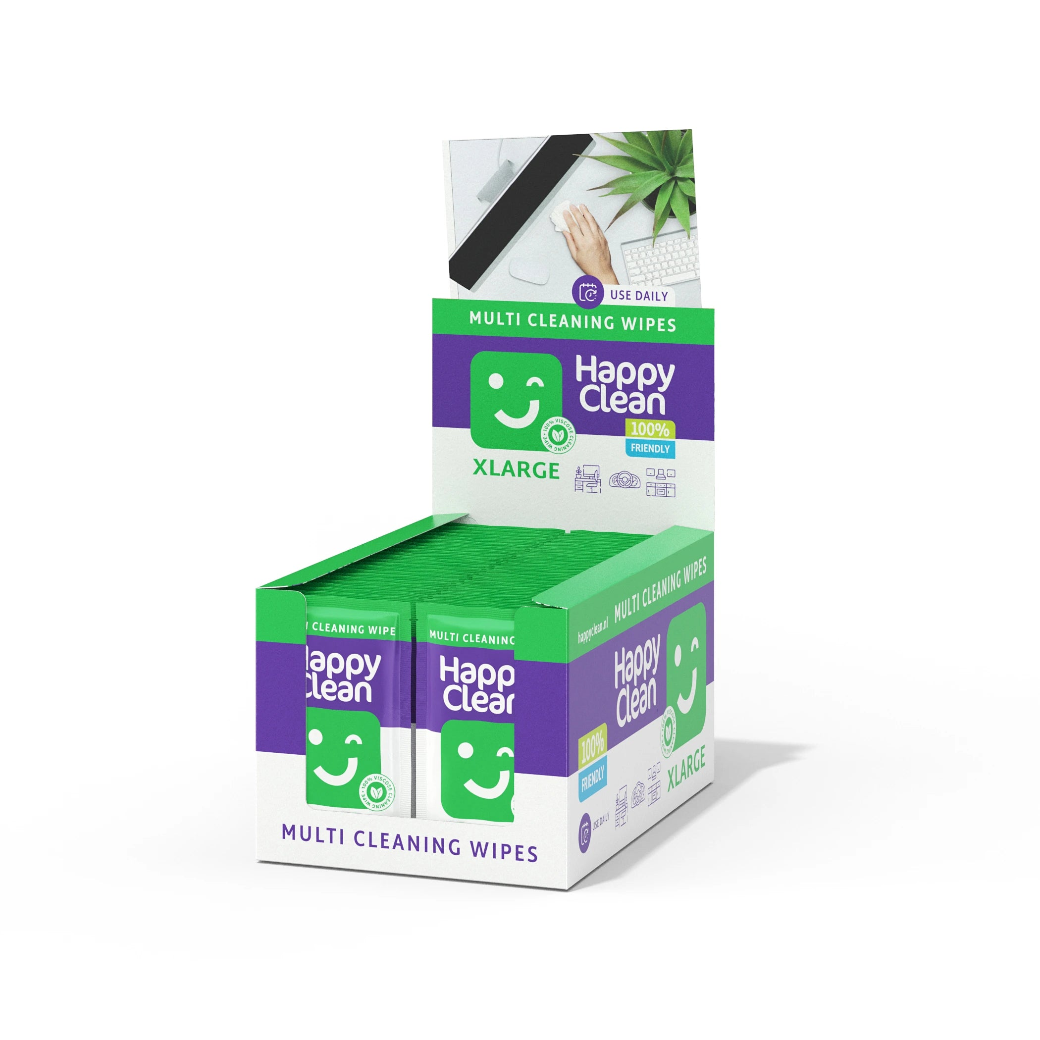 Display met Happy Clean allesreinigerdoekjes, XLarge, paarse en groene verpakking.