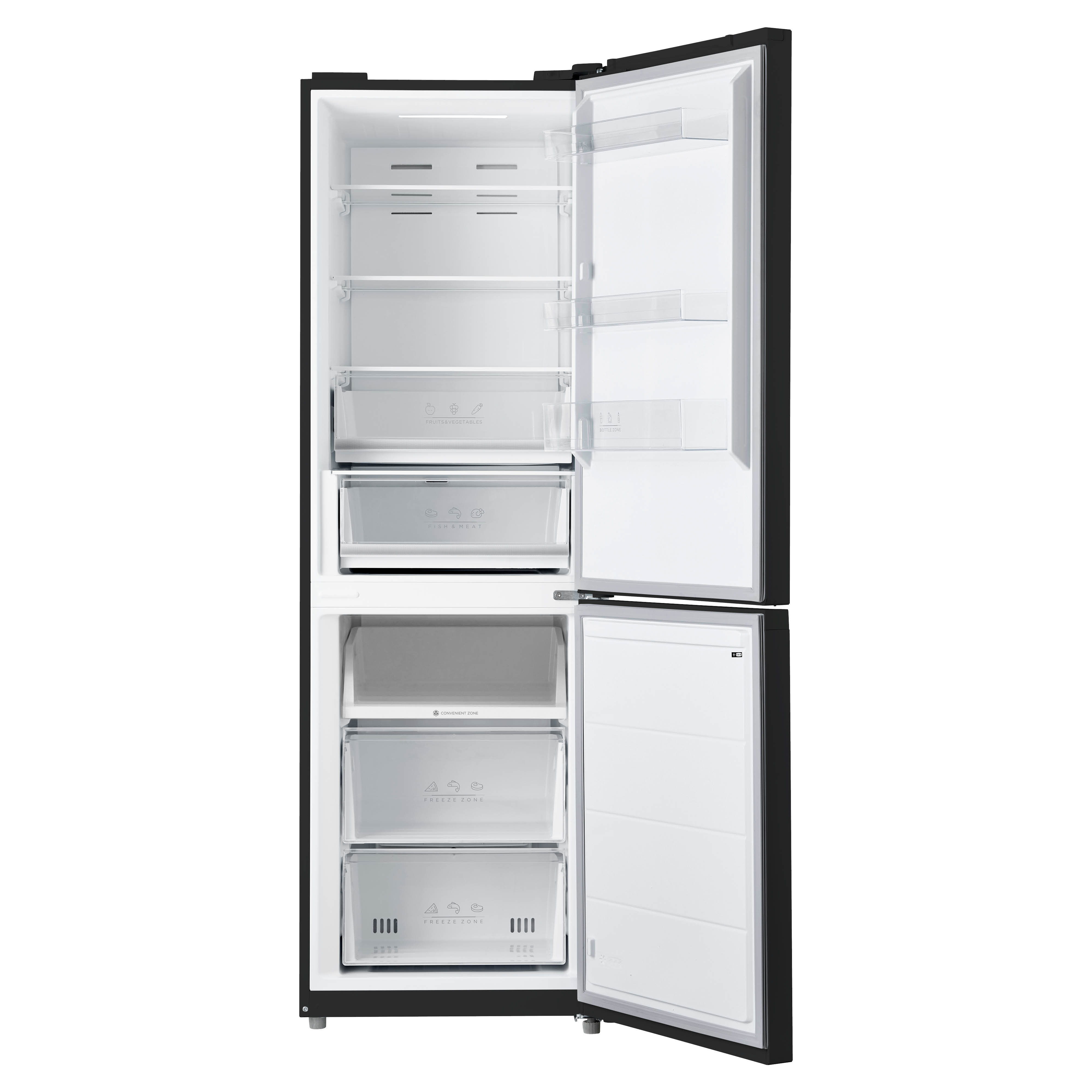 An open black refrigerator with glass shelves, drawers for fruits/vegetables, fish/meat.