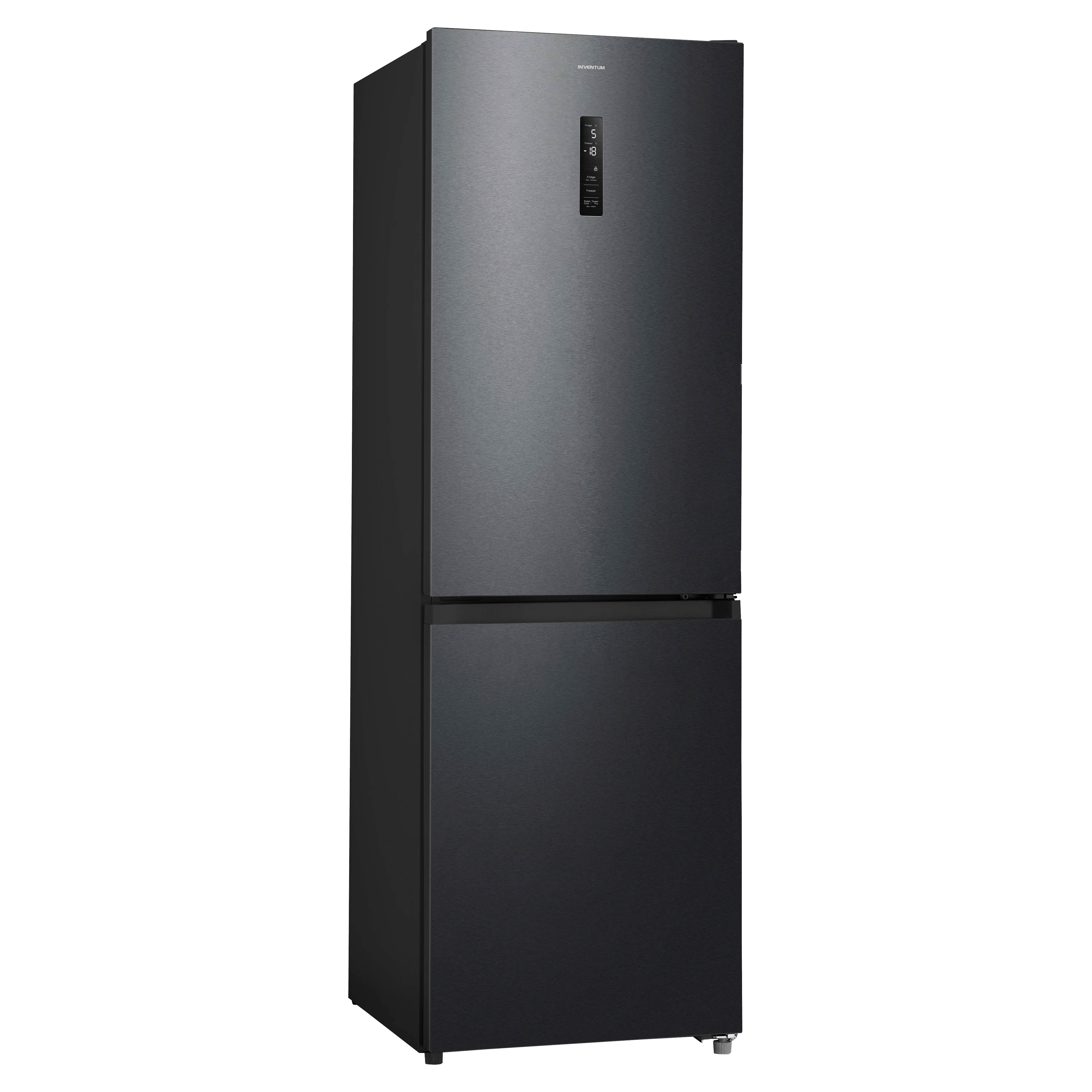 A black refrigerator with a freezer compartment and a digital display.