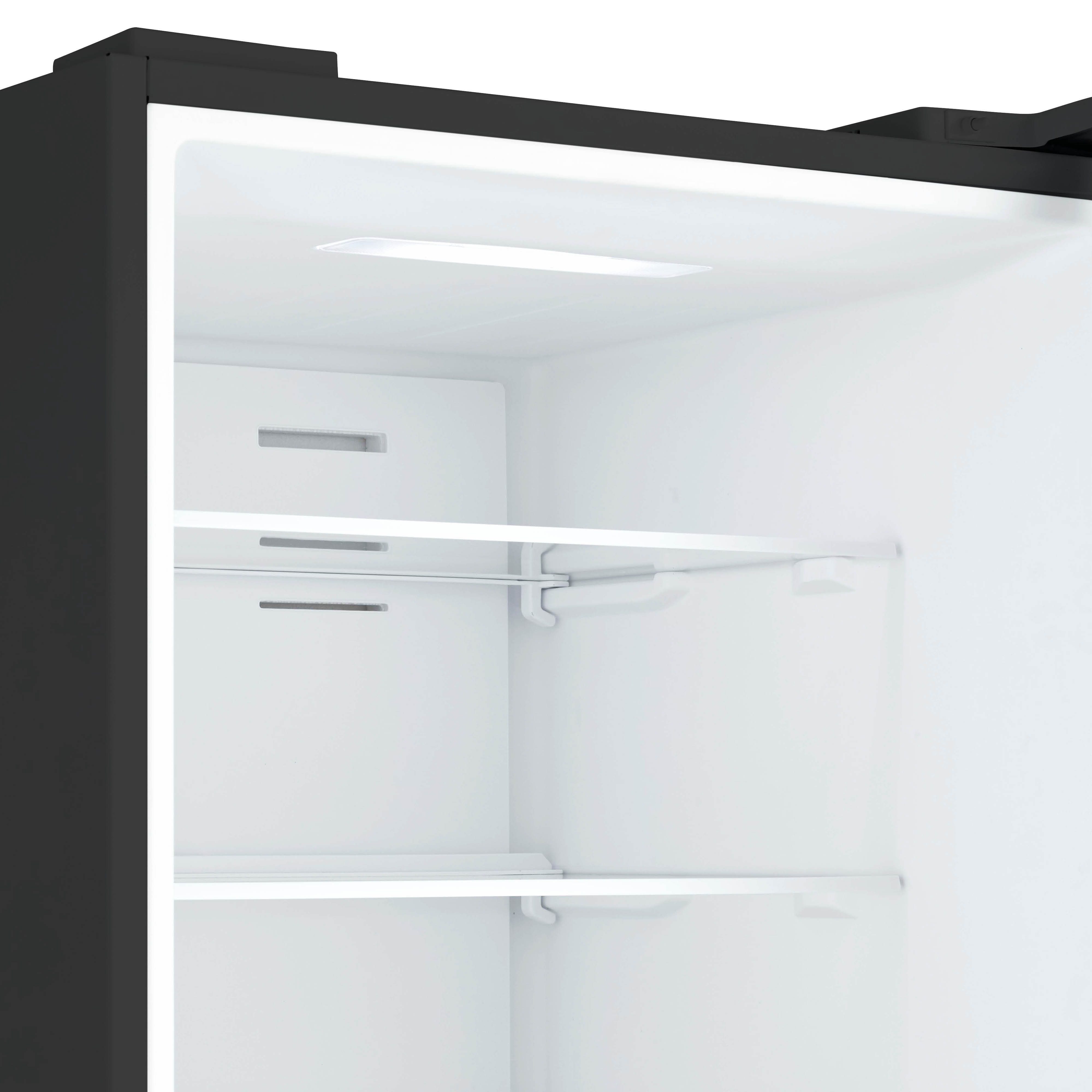 Interior view of a black refrigerator with white shelves and LED lighting.