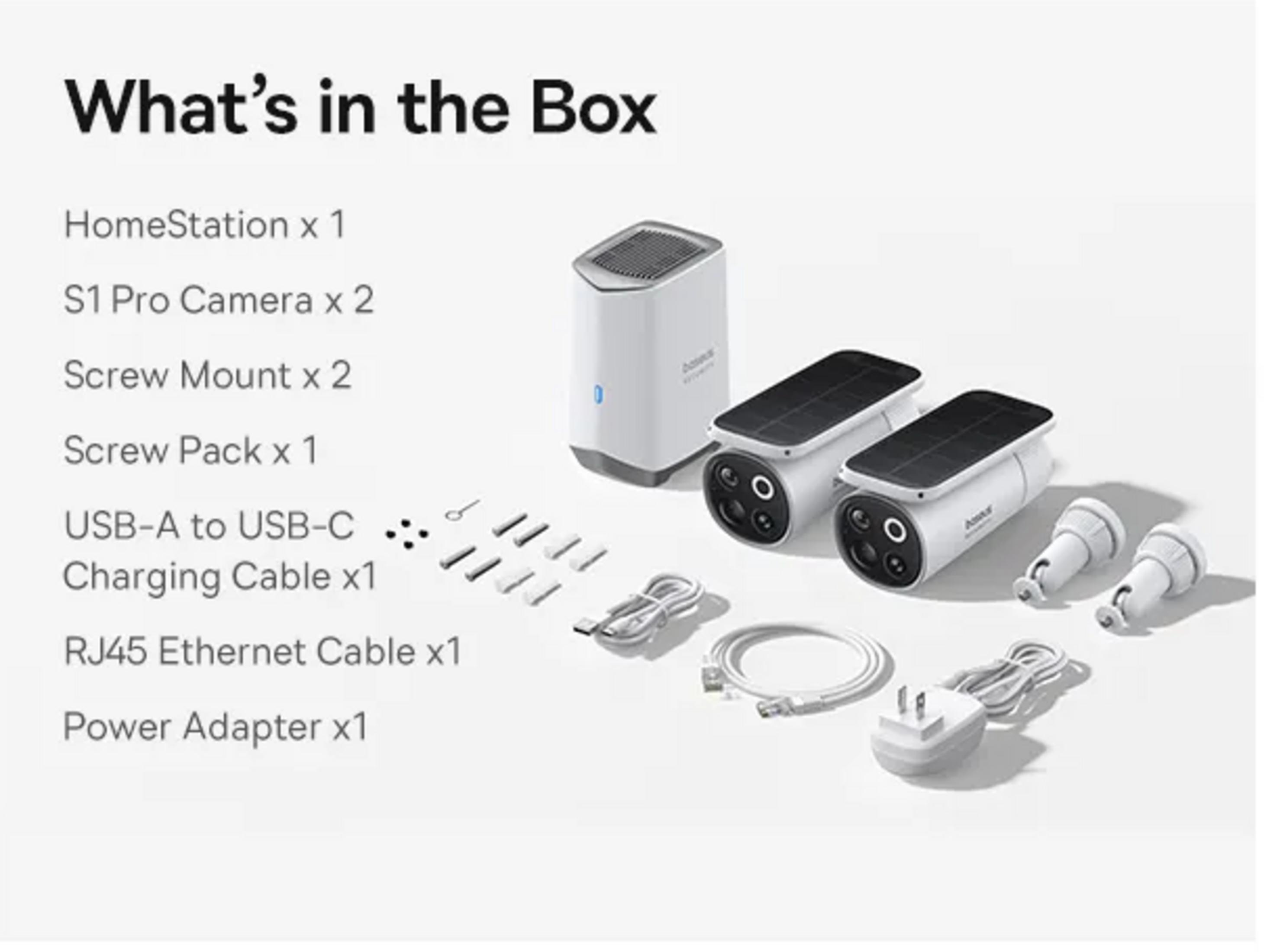 Inhoud van de doos: HomeStation, 2 camera's, 2 houders, schroeven, oplaadkabel, netwerkkabel, adapter.