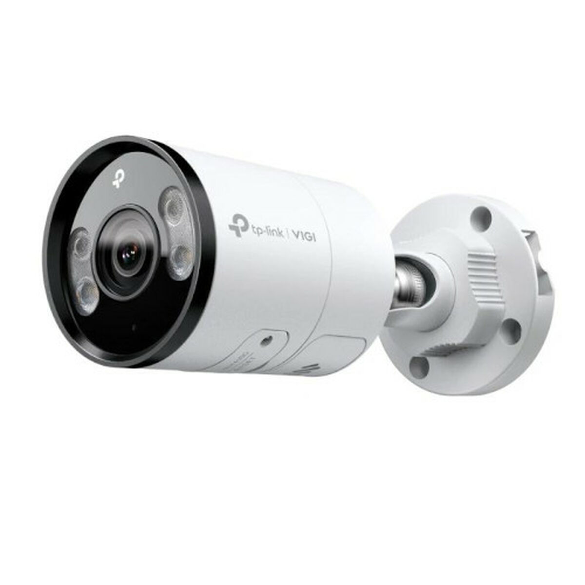 Una telecamera di sorveglianza bianca TP-Link VIGI con cornice nera e LED IR.